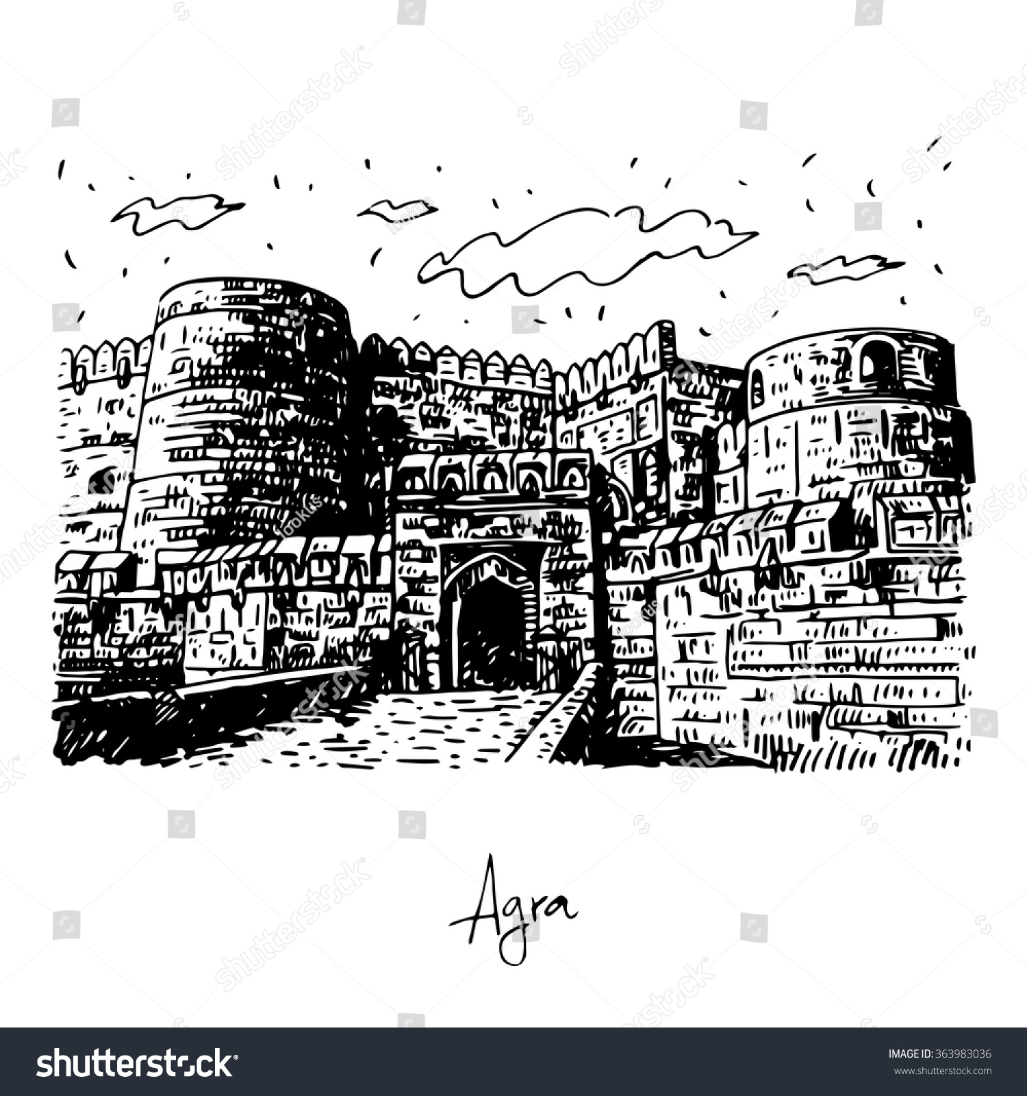 The Agra Fort, Agra, Uttar Pradesh, India. Vector Freehand Pencil ...