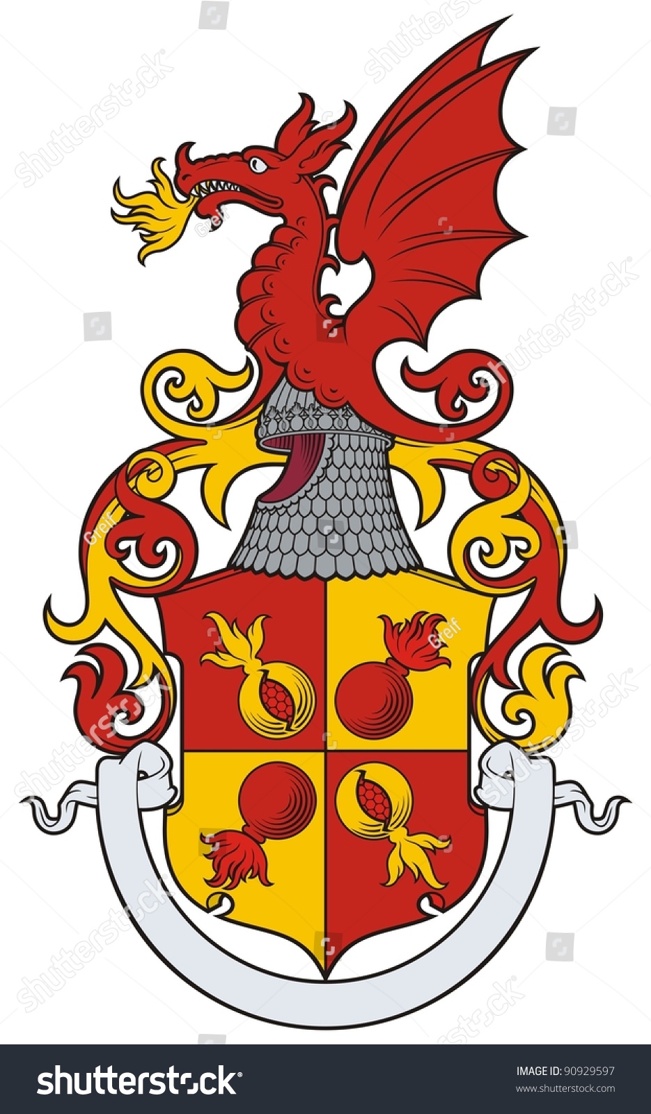 The Arms With A Grenade, A Pomegranate And A Dragon In Crest. Heraldic ...