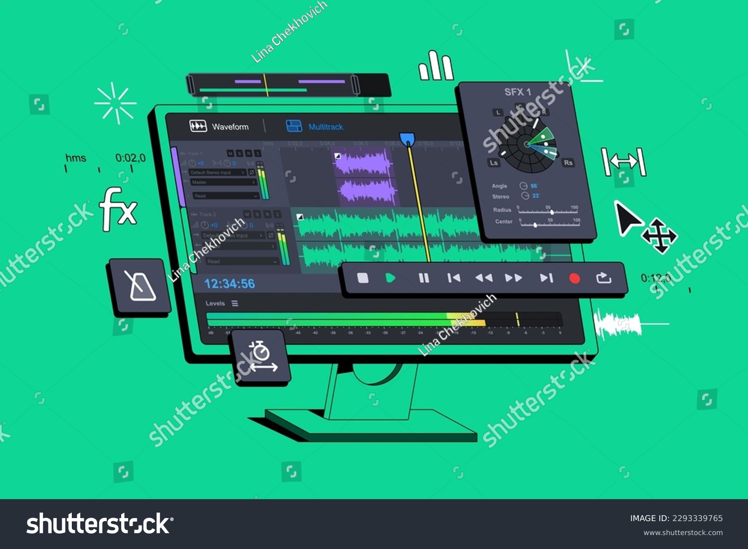 SVG of The Audio Editor Program is displayed on the computer. Audio Recording Audition. Digital sound workstation. Music application. Sounds  montage. Creating remixes of music tracks. Podcast software. Fake svg