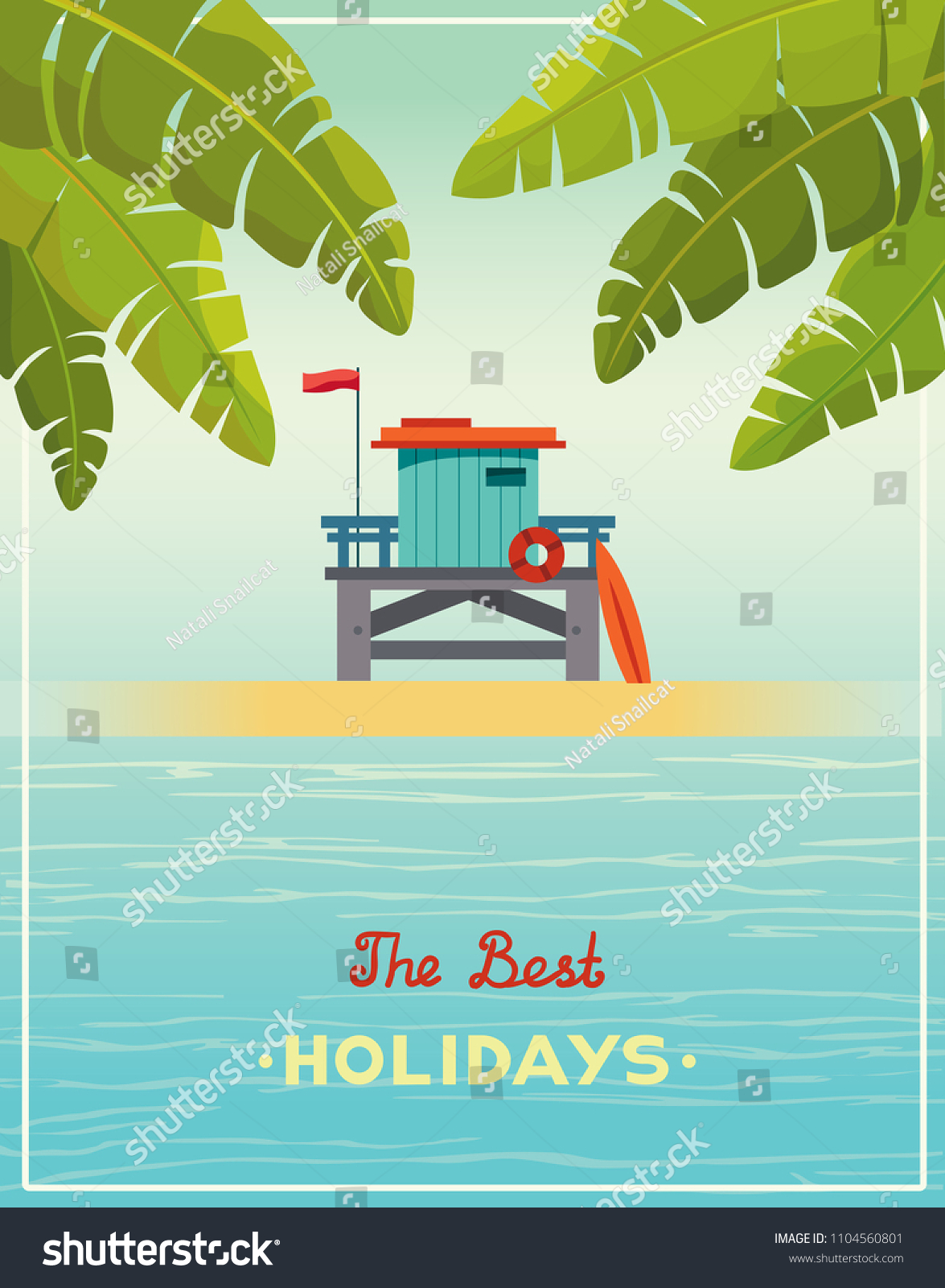 SVG of The best summer holiday - Lifeguard station on a beach with green palm and blue sea. Vector illustration with tropical landscape. svg