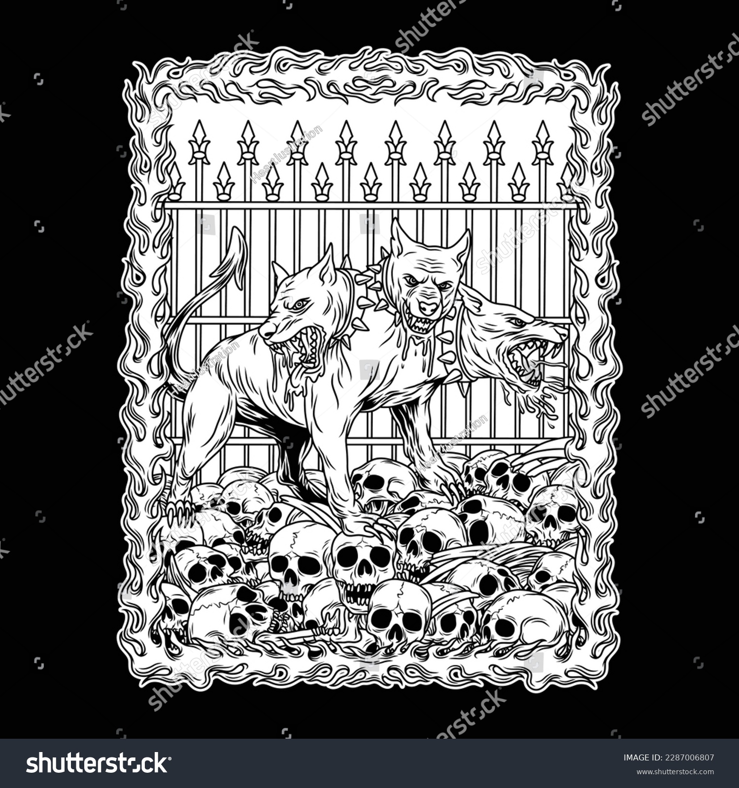 SVG of The black and white image shows a scary three-headed dog standing in a pile of skulls. Kerberos is a creature from Greek mythology, the pet of Hades. Kerberos is depicted as a dog with three heads.
 svg