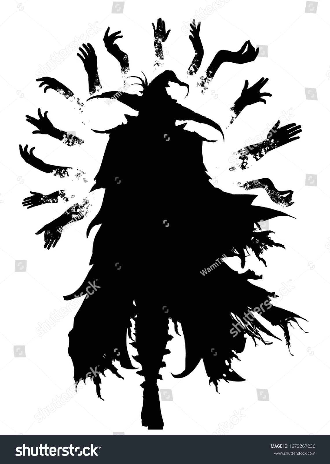 SVG of The black silhouette of a wizard in an acute-angled hat and a torn cloak, surrounded by magical hands flying in the air, he gracefully goes forward towards the viewer. 2d illustration svg