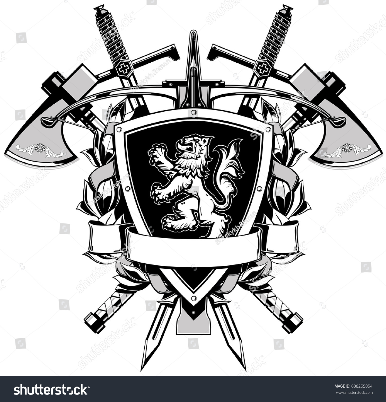 Black White Coat Arms Lion Swords Stock Vector (Royalty Free) 688255054