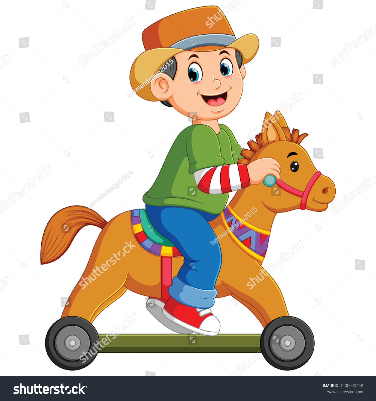 Boy Playing On Horse Toy Wheels Stock Vector (Royalty Free) 1400040458