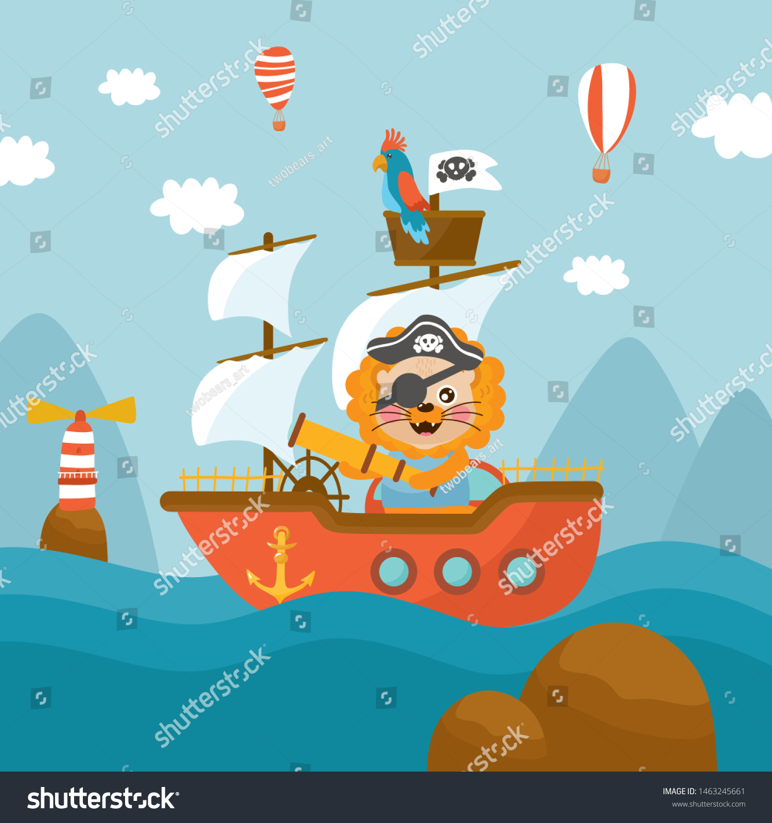 Captain Lion Sails On Pirate Ship : image vectorielle de stock (libre ...