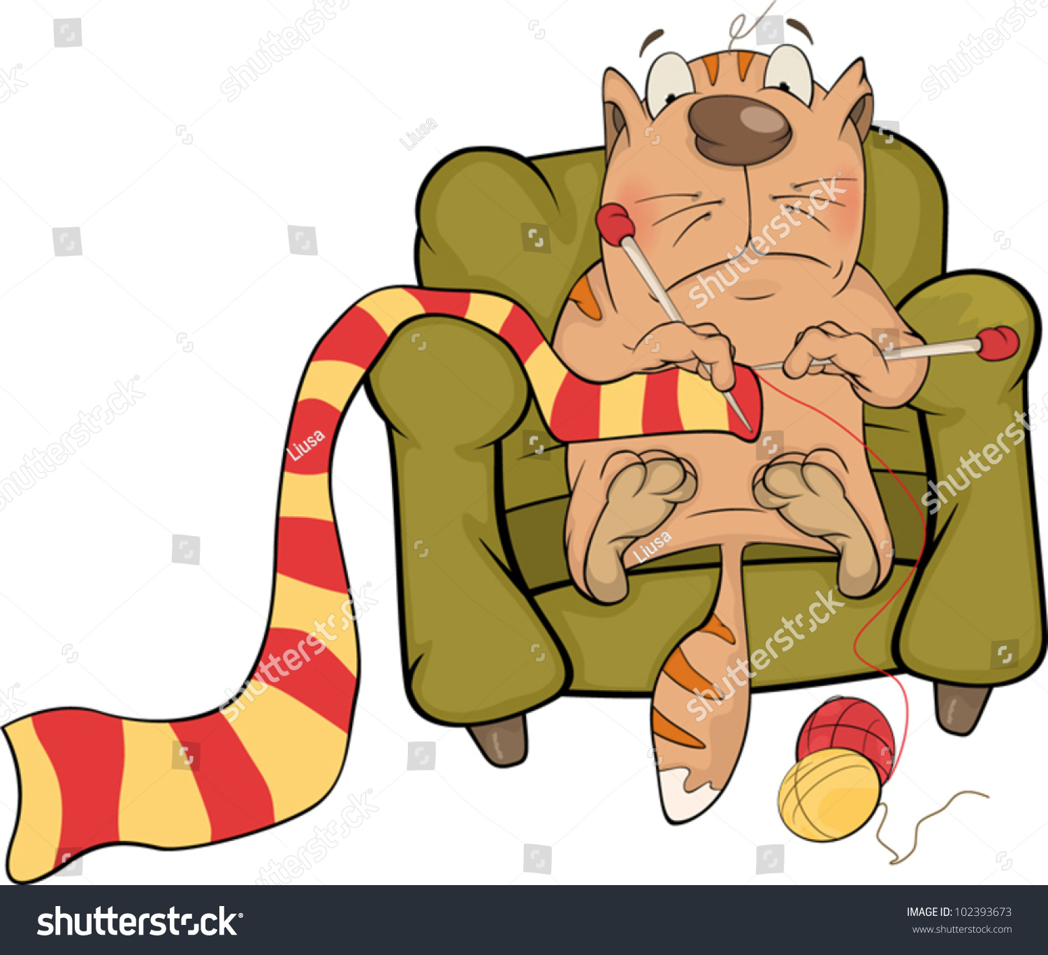 The Cat Knits A Striped Scarf. Cartoon Stock Vector Illustration ...