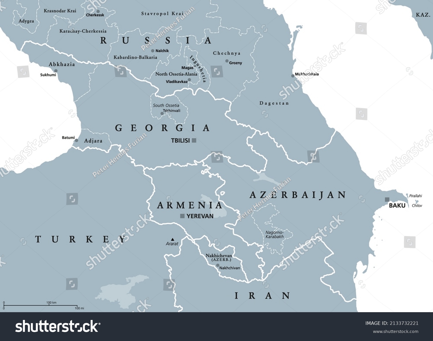 SVG of The Caucasus, or Caucasia, gray political map. Region between the Black Sea and the Caspian Sea, mainly occupied by Armenia, Azerbaijan, Georgia, and parts of Southern Russia. Map with disputed areas. svg