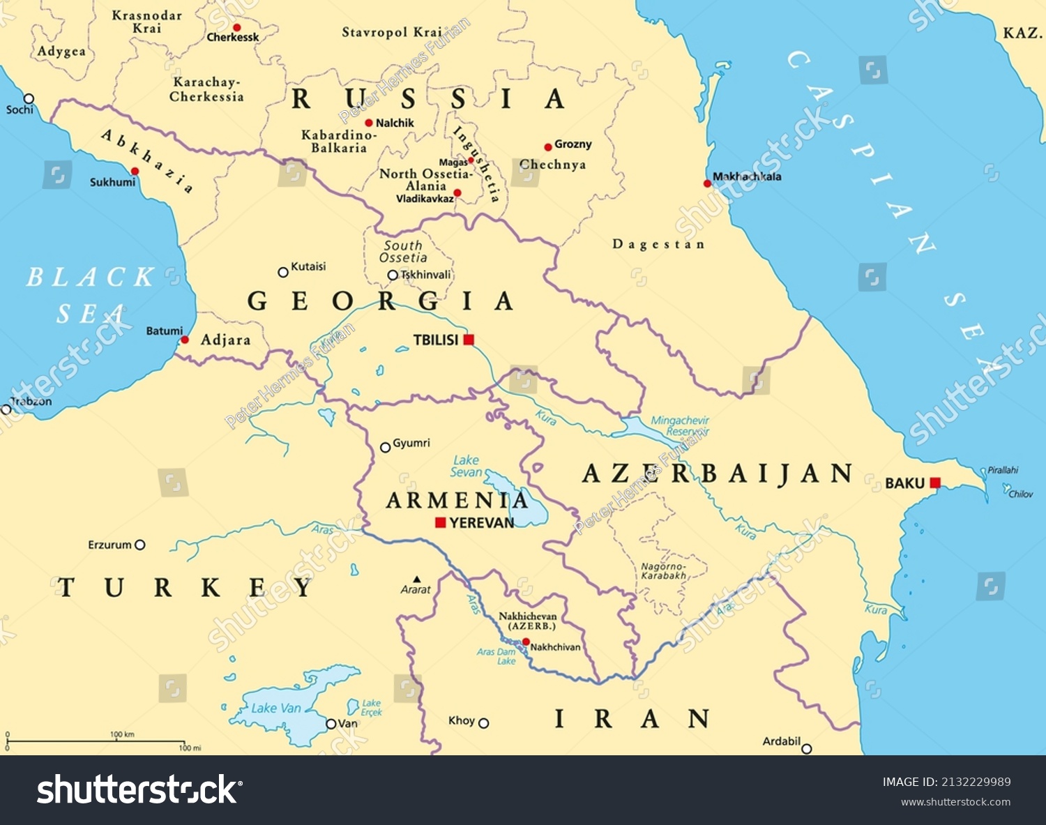 SVG of The Caucasus, or Caucasia, political map. A region between the Black Sea and the Caspian Sea, mainly occupied by Armenia, Azerbaijan, Georgia, and parts of Southern Russia, with disputed areas. Vector svg