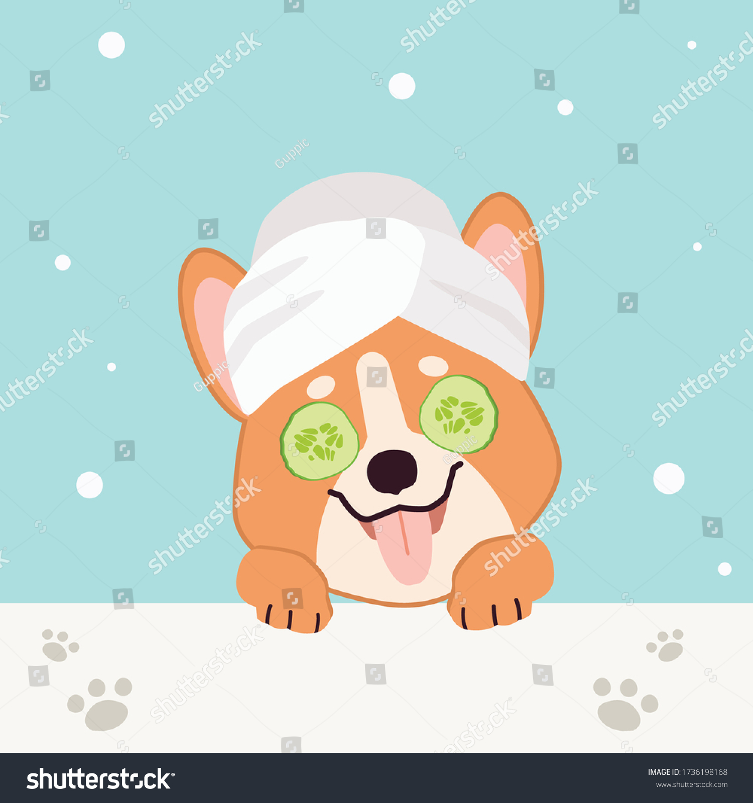 SVG of The character of cute corgi dog with towel ans slice cucumber in flat vector style. illustation about pet grooming for graphic,content , banner, sticker label and greeting card. svg