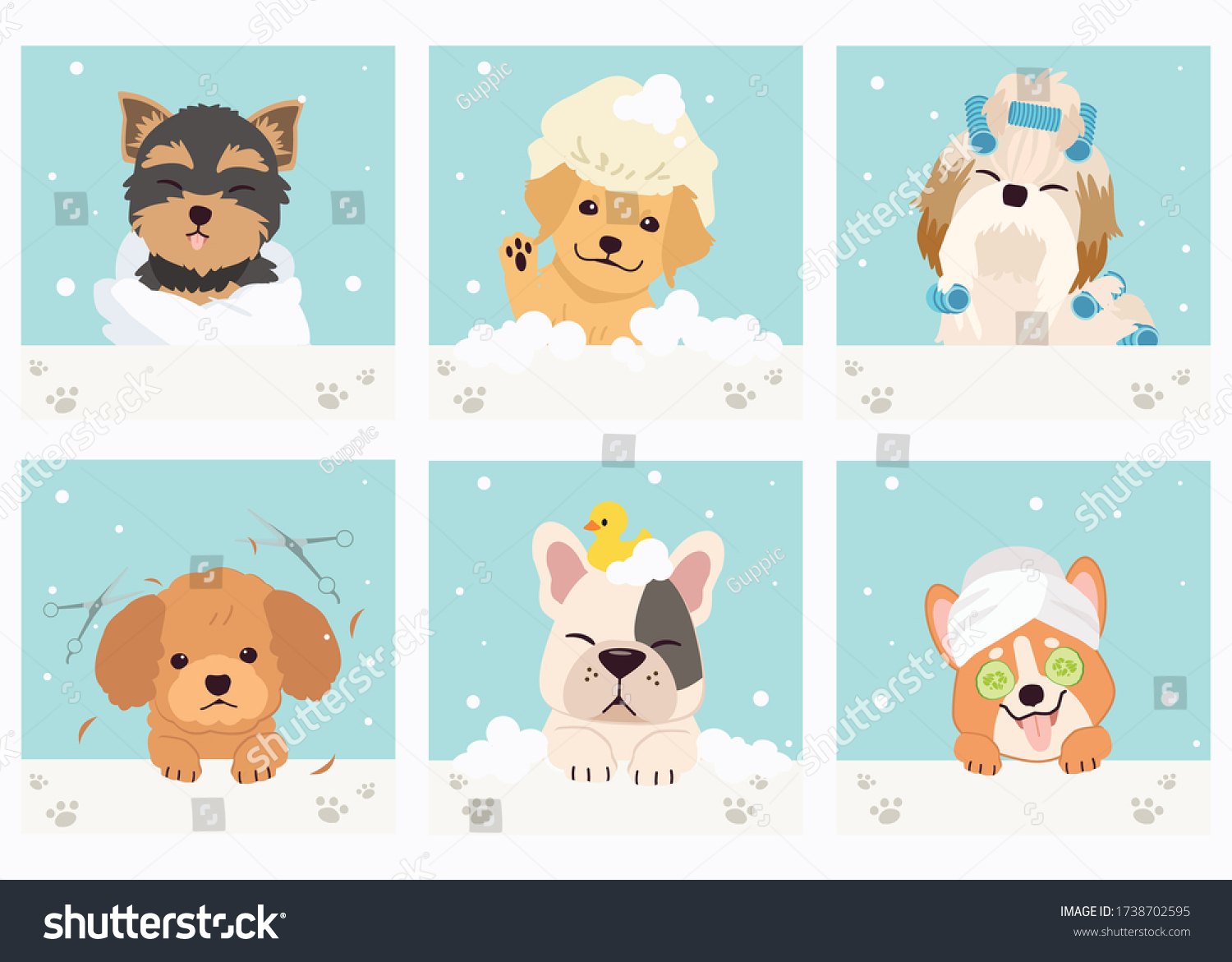 SVG of The collection of cute dog with spa and salon theme in flat vector style. Graphic resource about pet grooming for graphic, content,banner, greeting card. svg