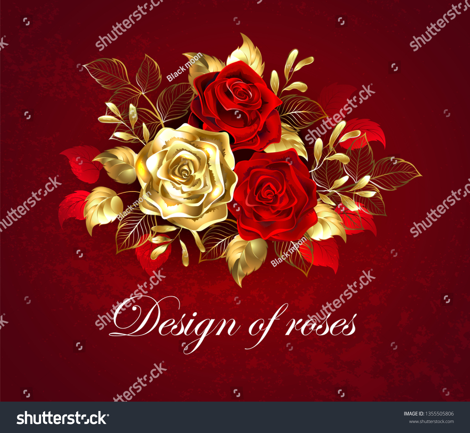 テクスチャーのある背景に金 宝石の葉で飾られた2本の芸術的に塗られた赤いバラと1本の金色のバラの組成 のベクター画像素材 ロイヤリティフリー