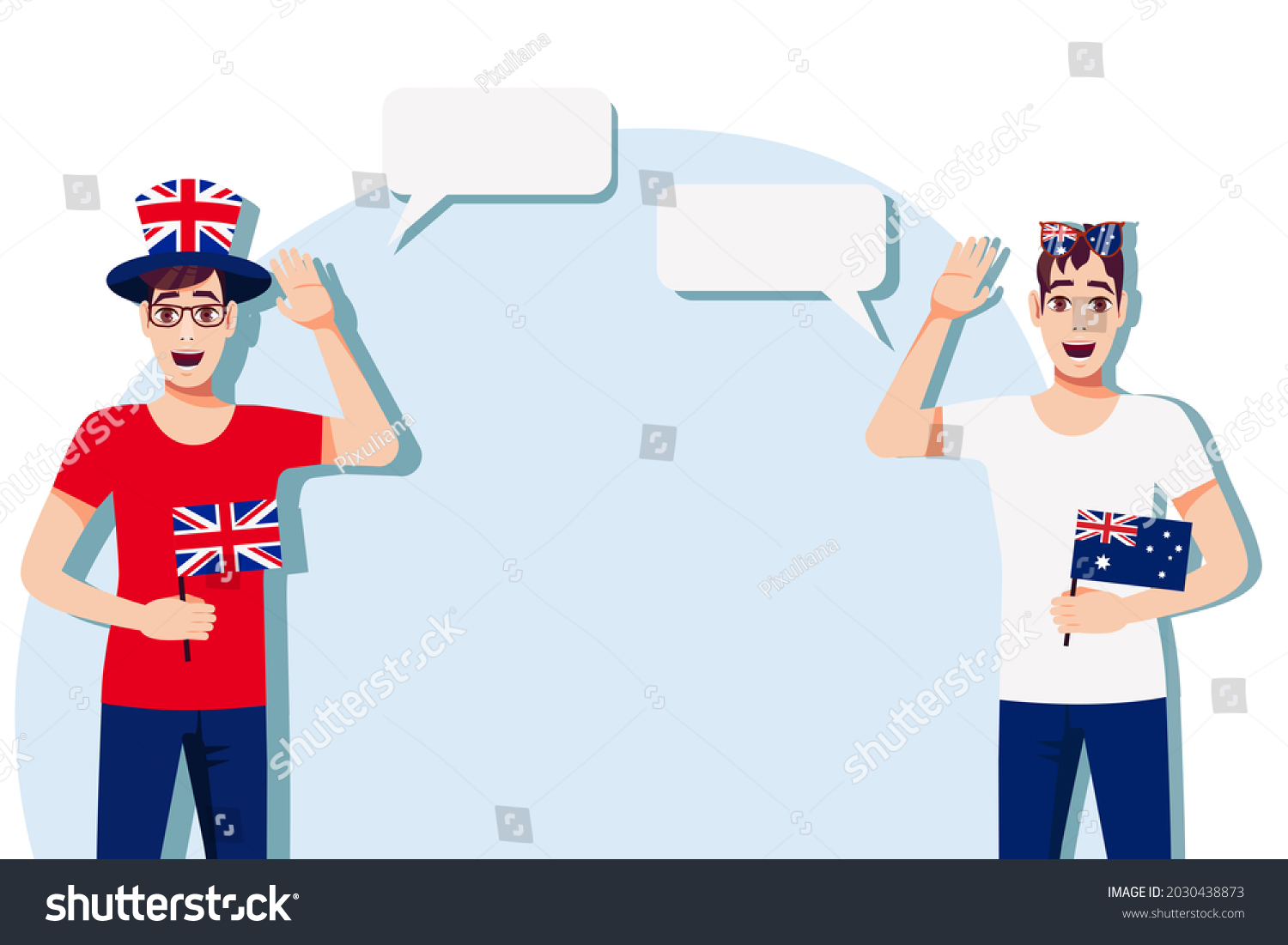 SVG of The concept of international communication, sports, education, business between the United Kingdom and Australia. Men with British and Australian flags. Vector illustration. svg
