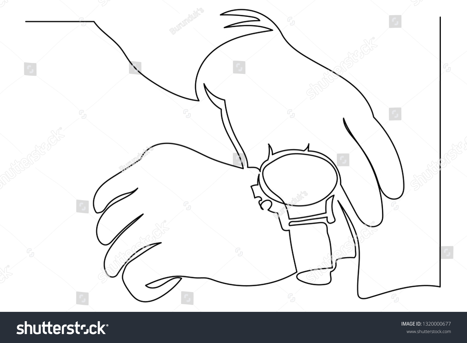 recommend clip art: The continuous line of a person's hand indicates a wrist watch. the concept of the deadline, the time of the task, a quick solution to the problem.