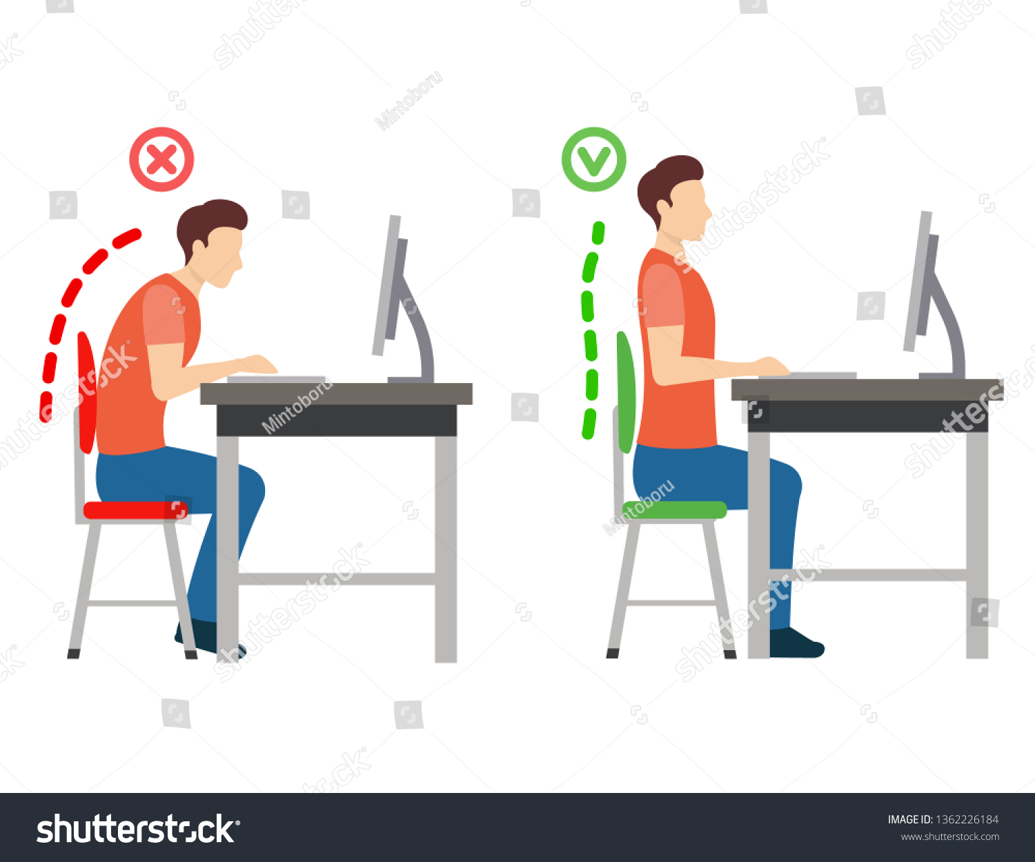 Correct Position Posture When Working Computer Stock Vector