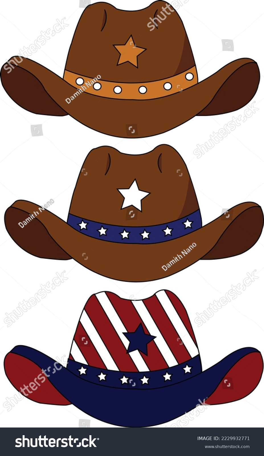 SVG of The Cow Boy Hats.This is a vector art .The hats have 3 variation designs include American flag design and retro color art works. svg