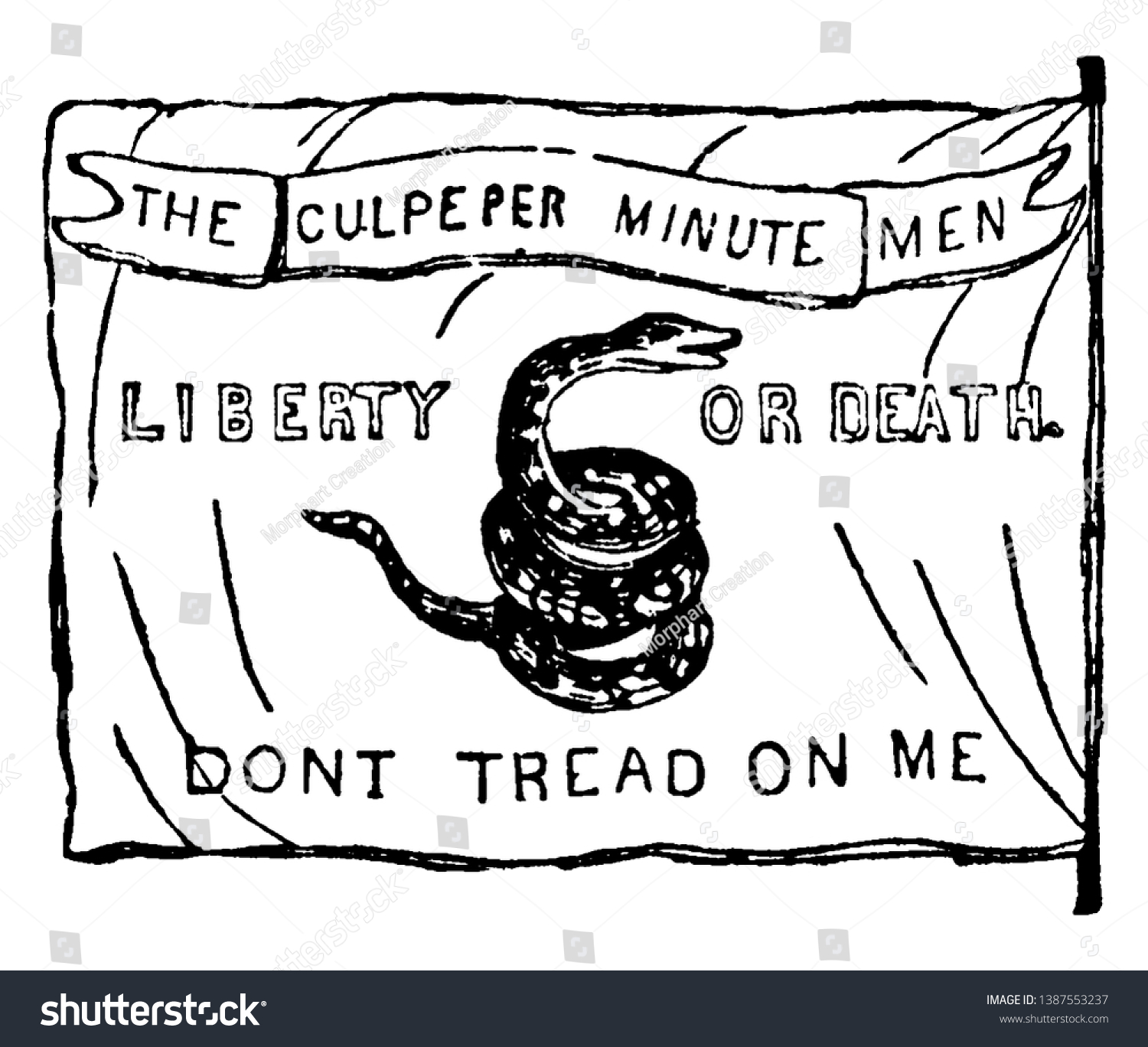 SVG of The Culpepper Flag, this flag has snake in center, DONT TREAD ON ME is written at bottom of flag, vintage line drawing or engraving illustration svg