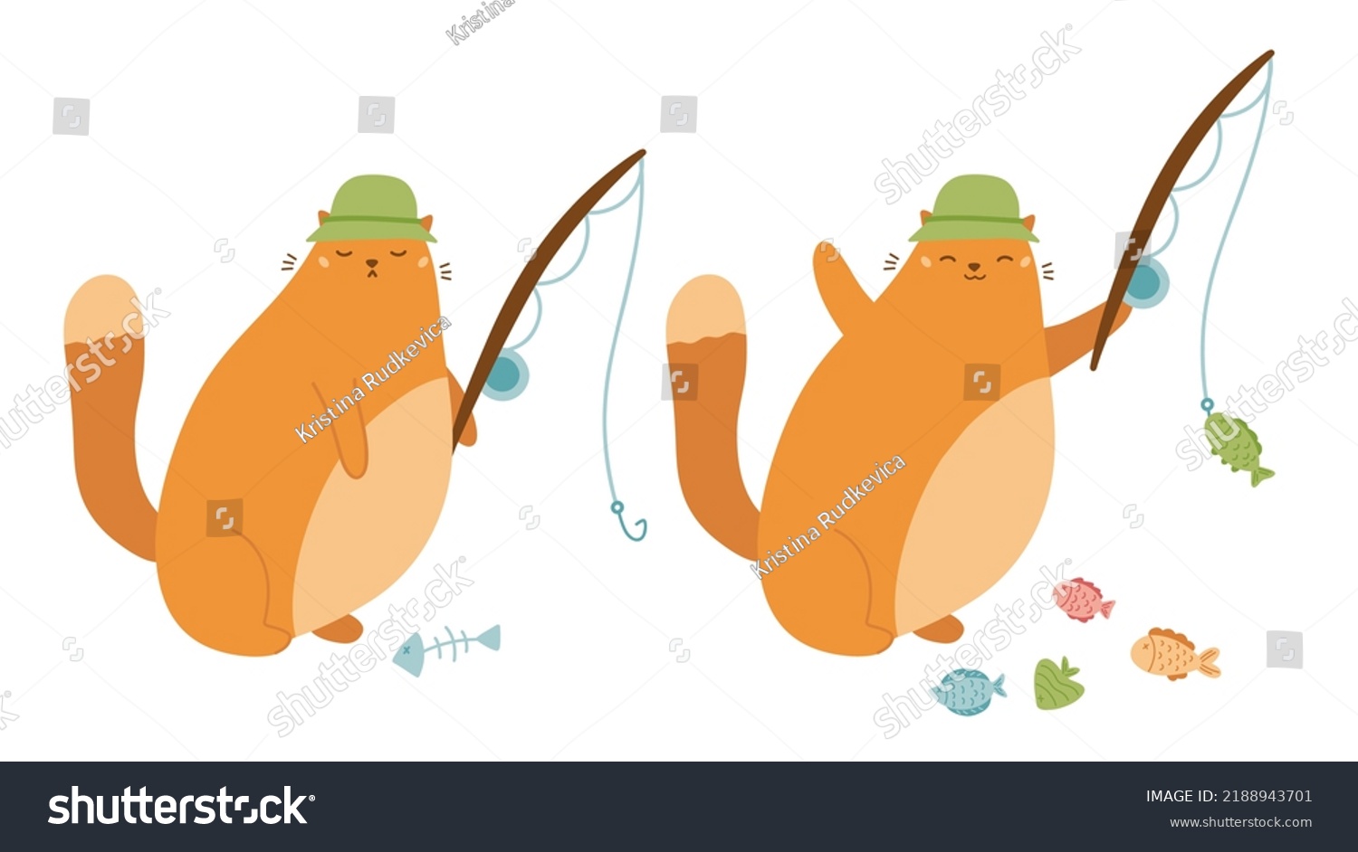 SVG of The cute fat cat is fishing. Sad ginger cat with fish bone. Happy kitten catching fish with rods. Trendy flat style vector illustration. svg