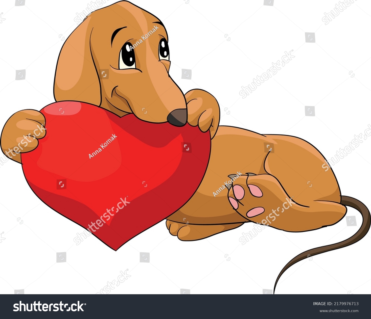 SVG of The dachshund, dog, lies with red heart in his mouth svg