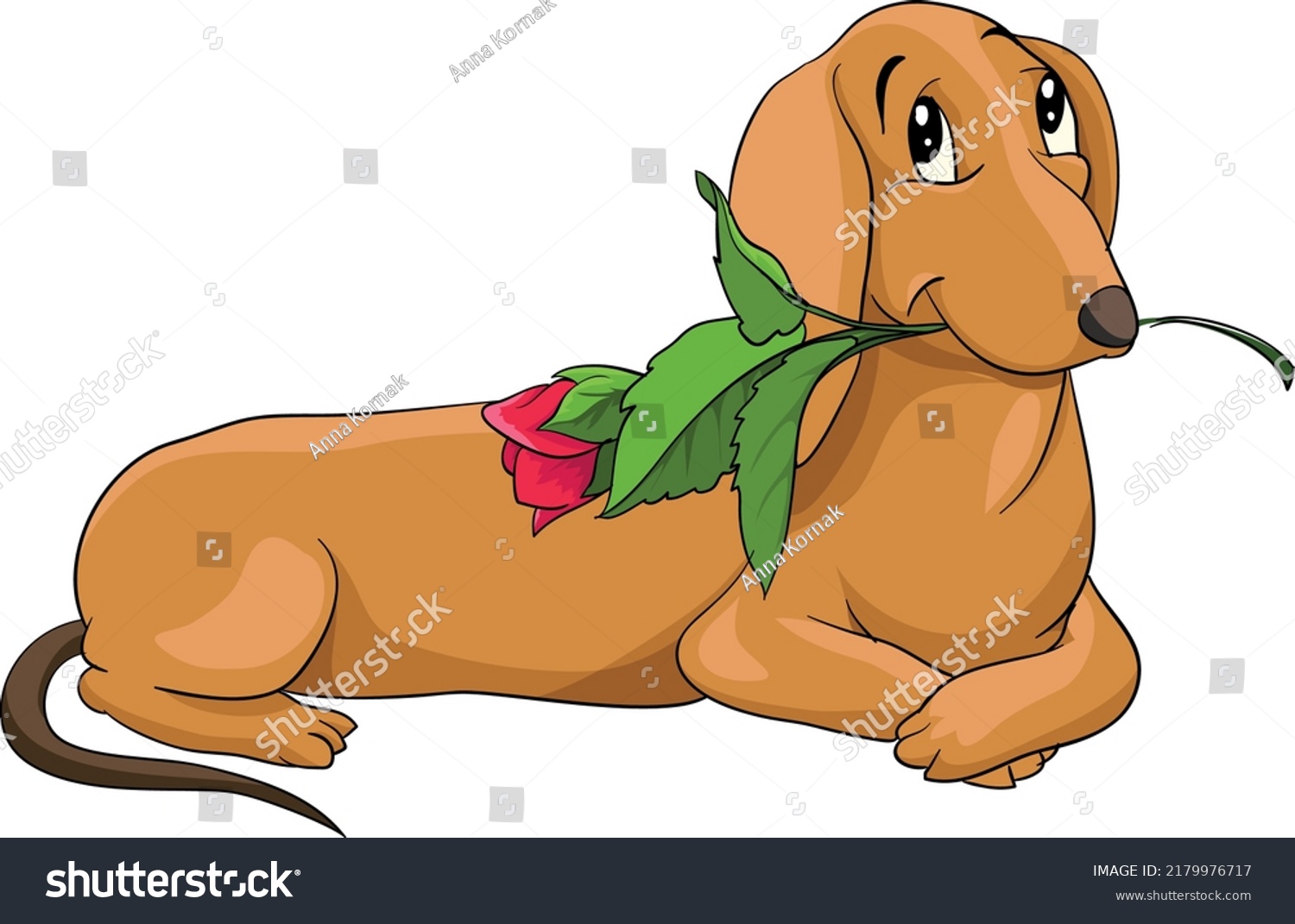 SVG of The dachshund, dog, lies with red rose in his mouth. Valentine svg