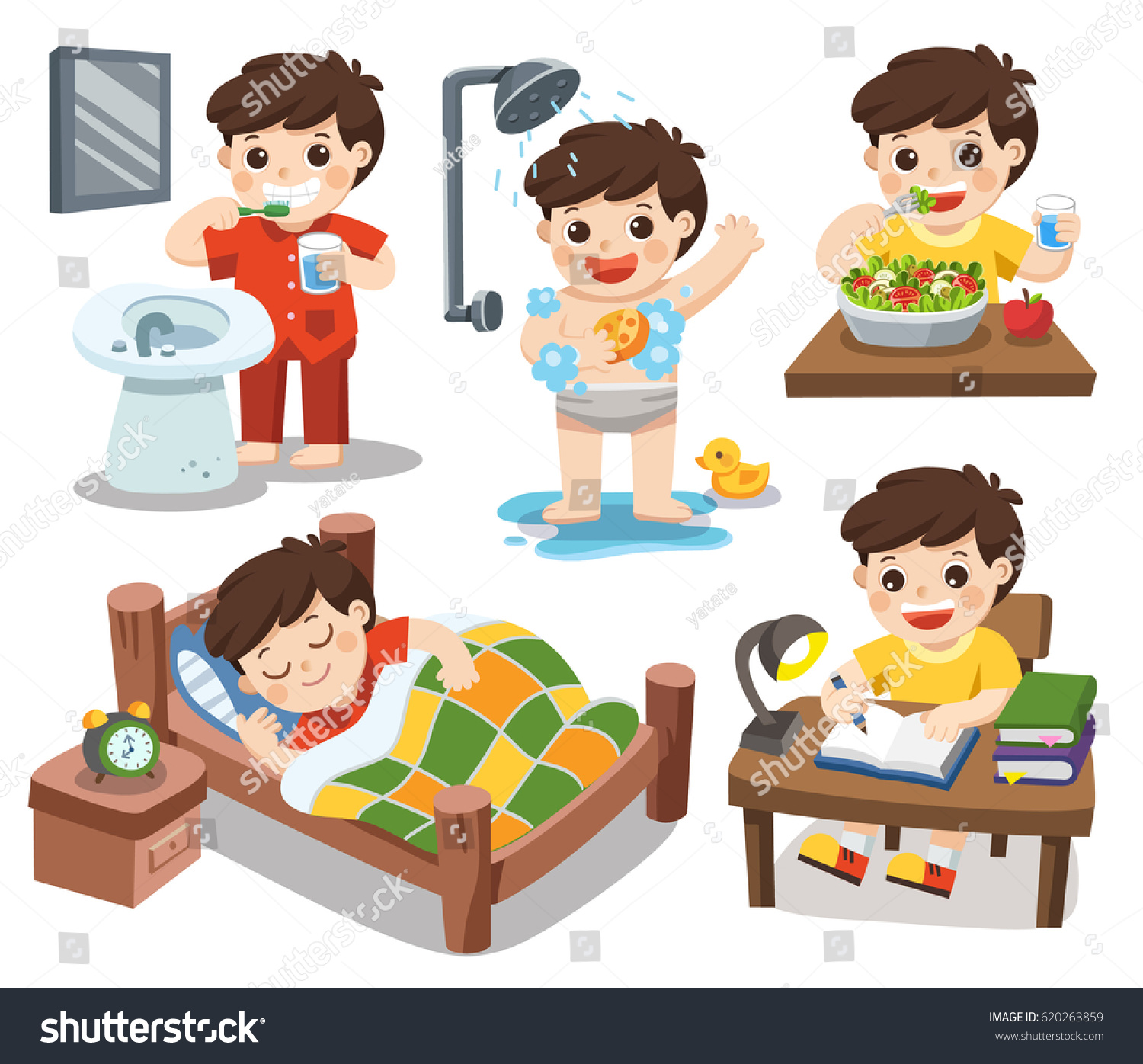 Daily Routine Cute Boy On White Stock Vector 620263859 - Shutterstock