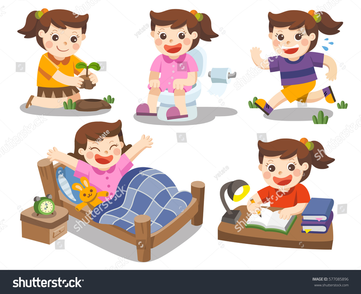 Daily Routine Cute Girl On White Stock Vector 577085896 - Shutterstock