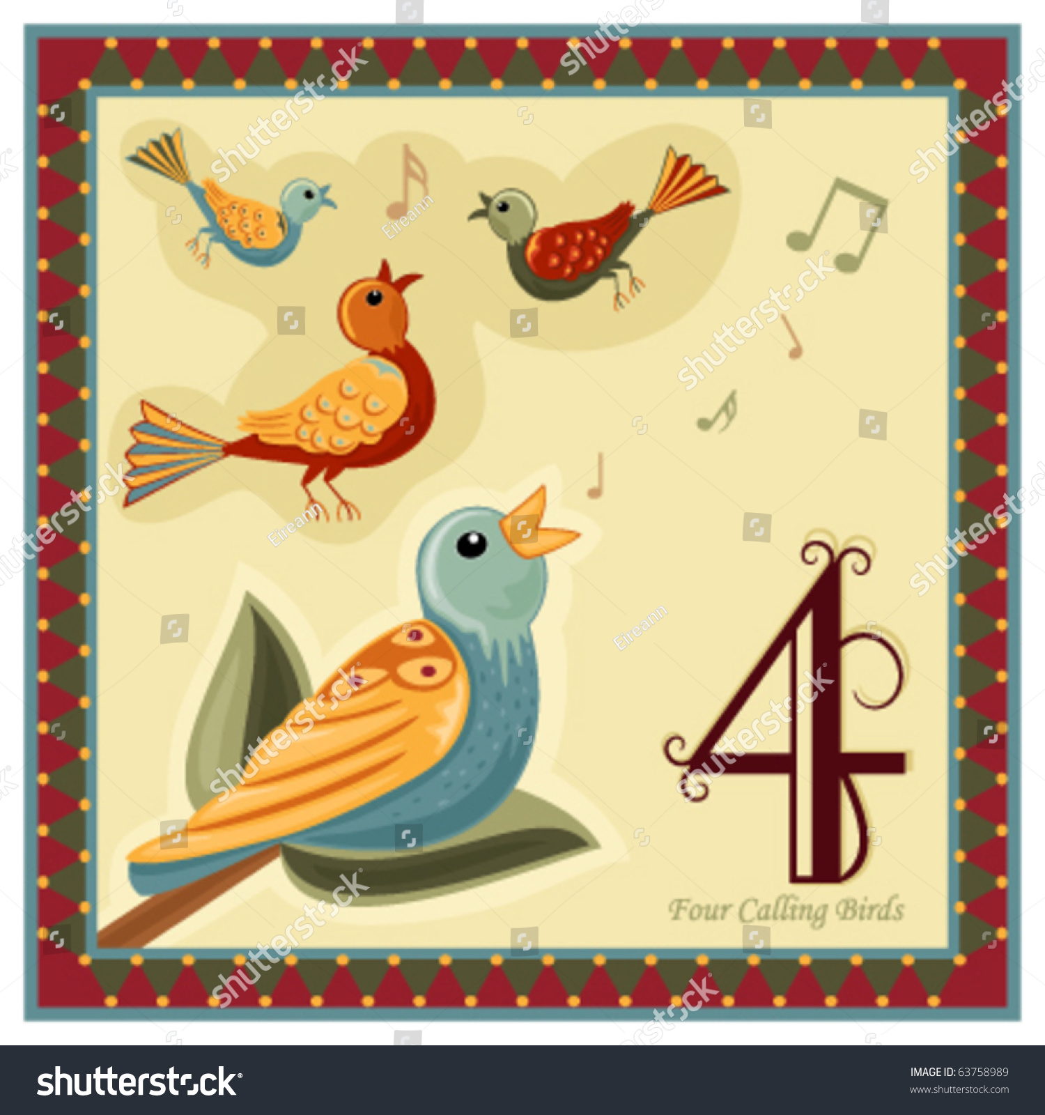 The 12 Days Of Christmas - 4-Th Day - Four Calling Birds. Vector ...