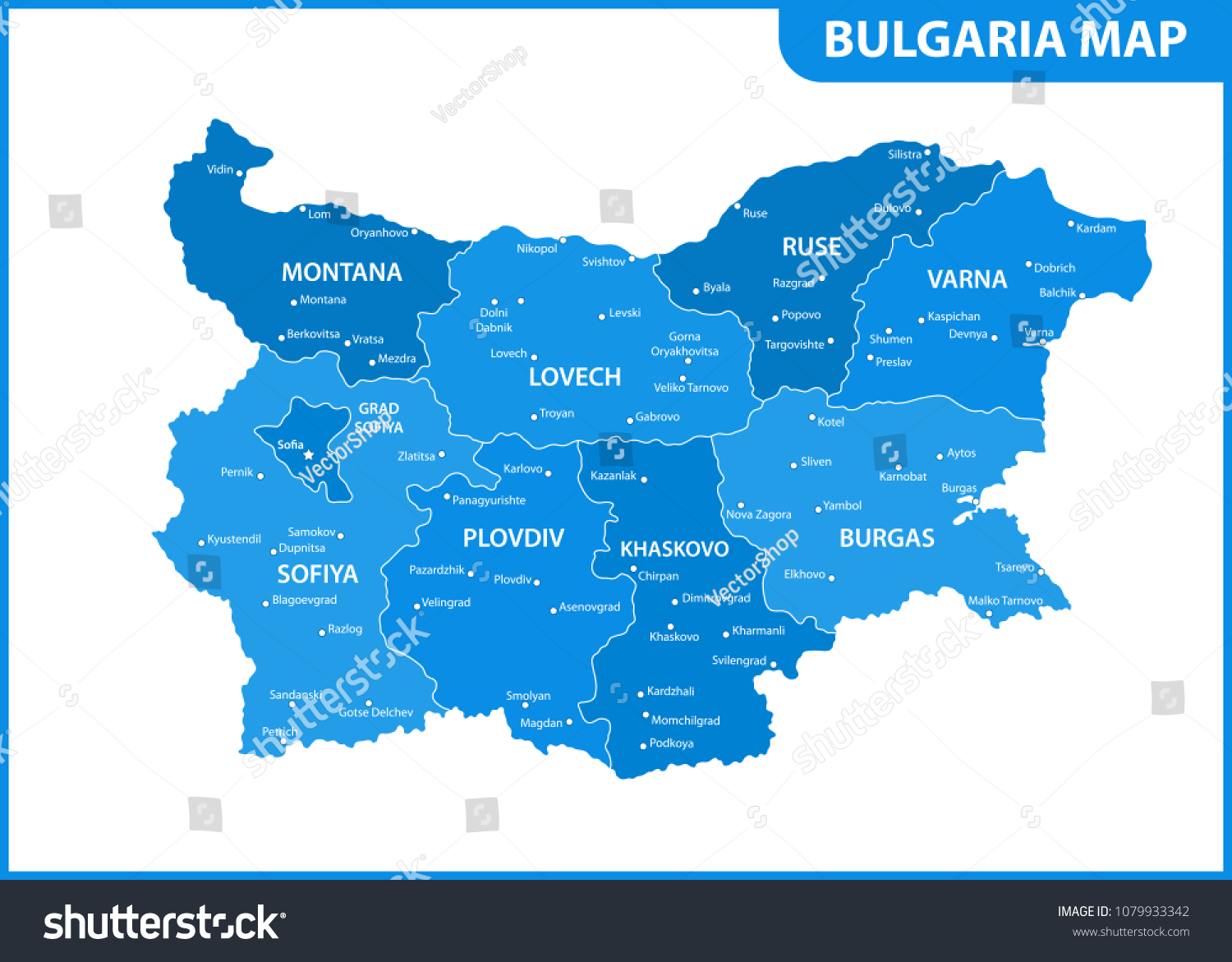 Detailed Map Bulgaria Regions States Cities Stock Vector (Royalty Free ...