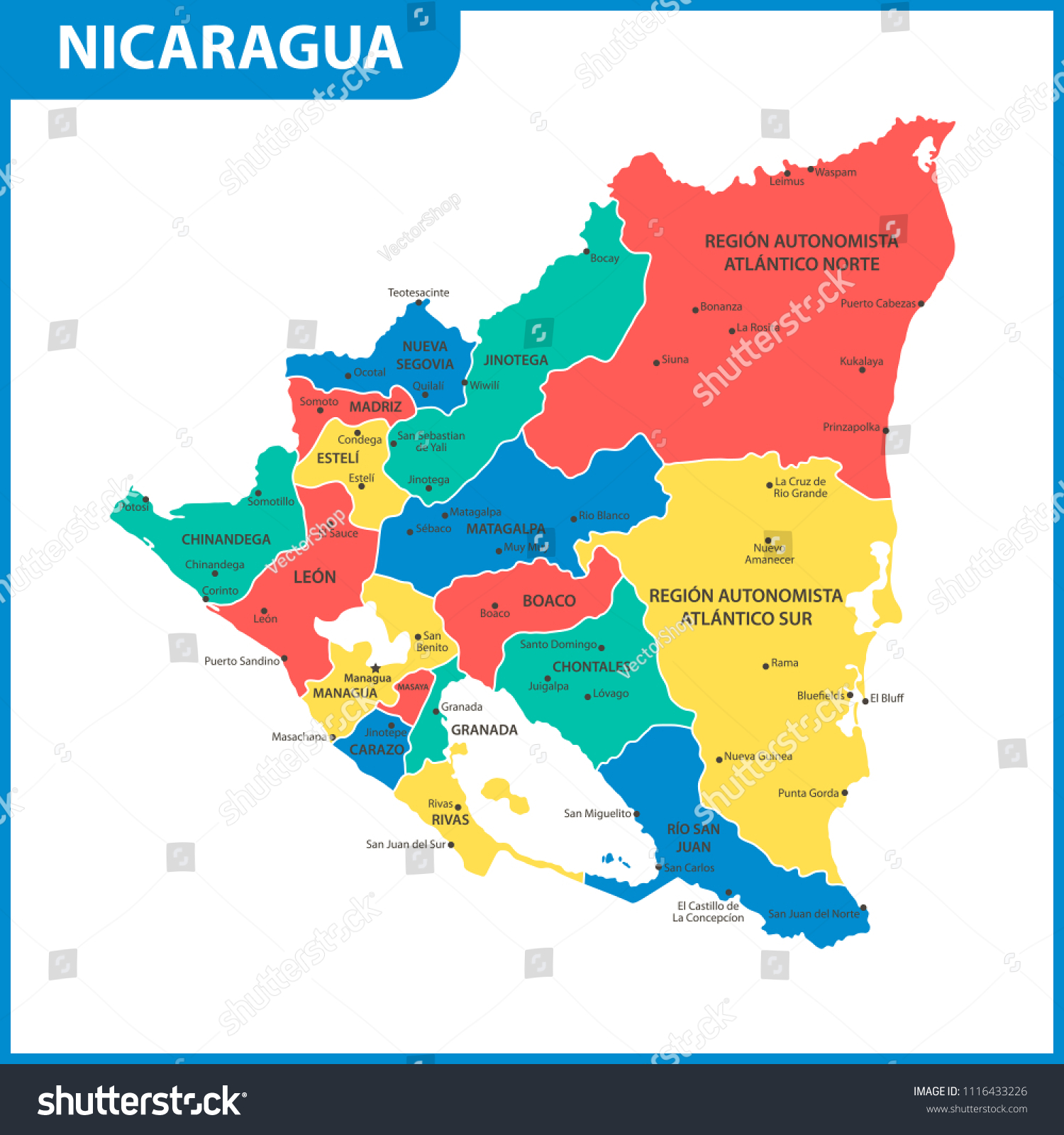 Detailed Map Nicaragua Regions States Cities Stock Vector (Royalty Free ...