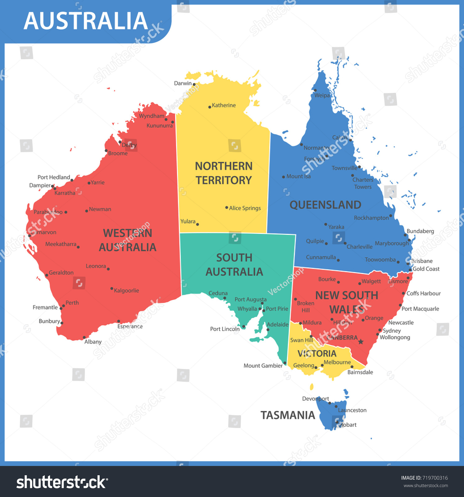 Detailed Map Australia Regions States Cities Stock Vector Royalty