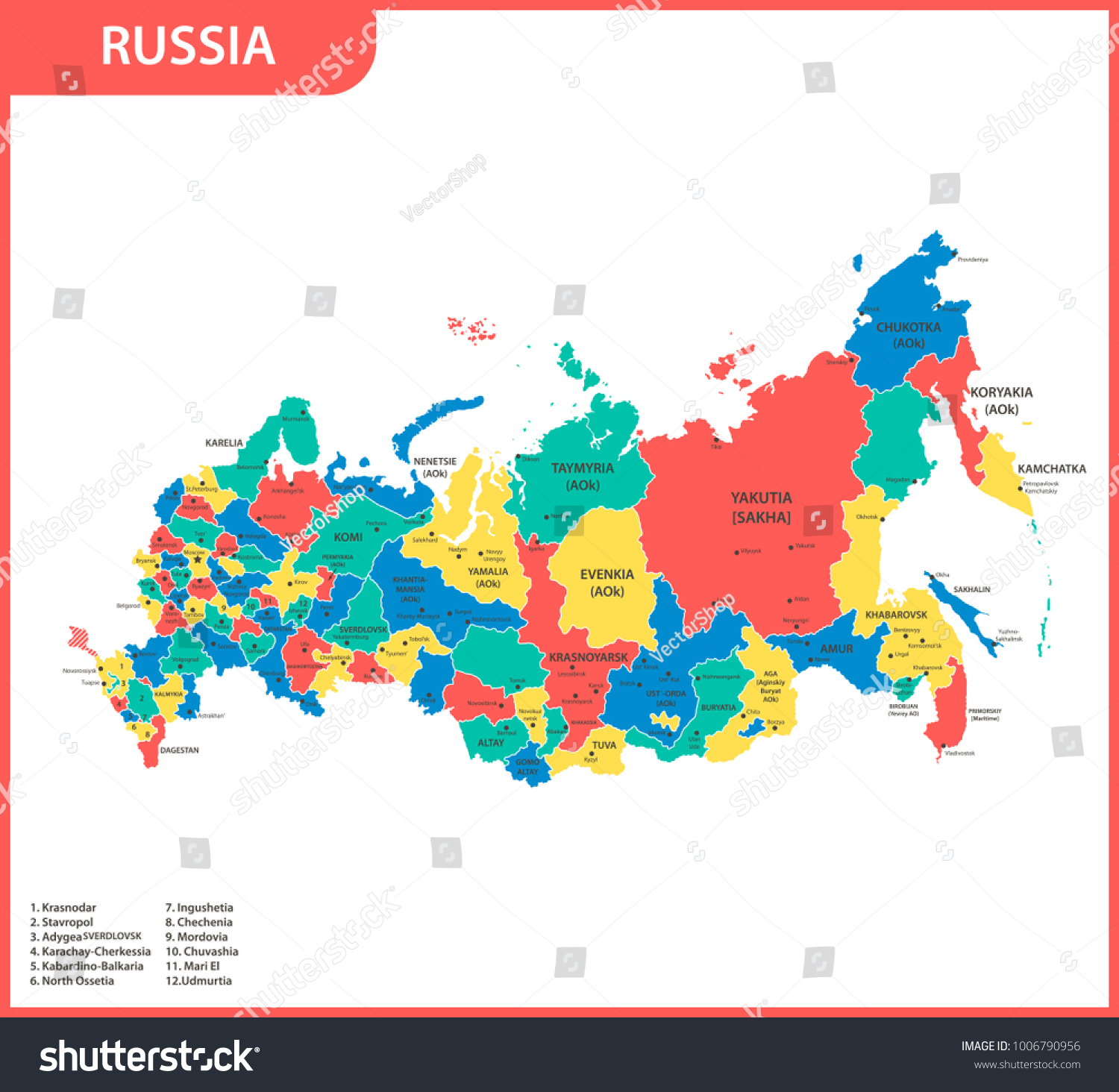 Detailed Map Russia Regions States Cities Stock Vector Royalty