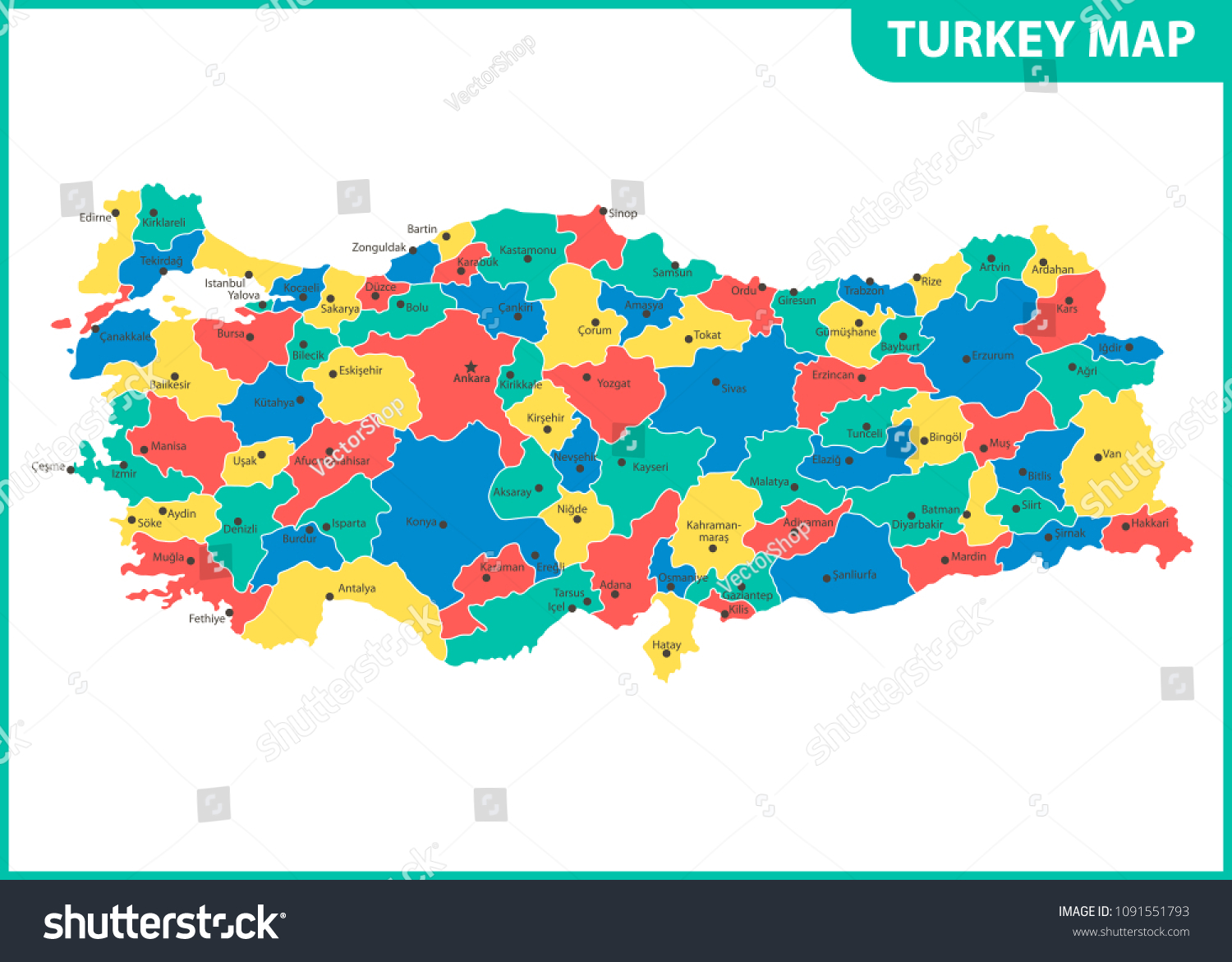 Vektor Stok Detailed Map Turkey Regions States Cities Tanpa Royalti