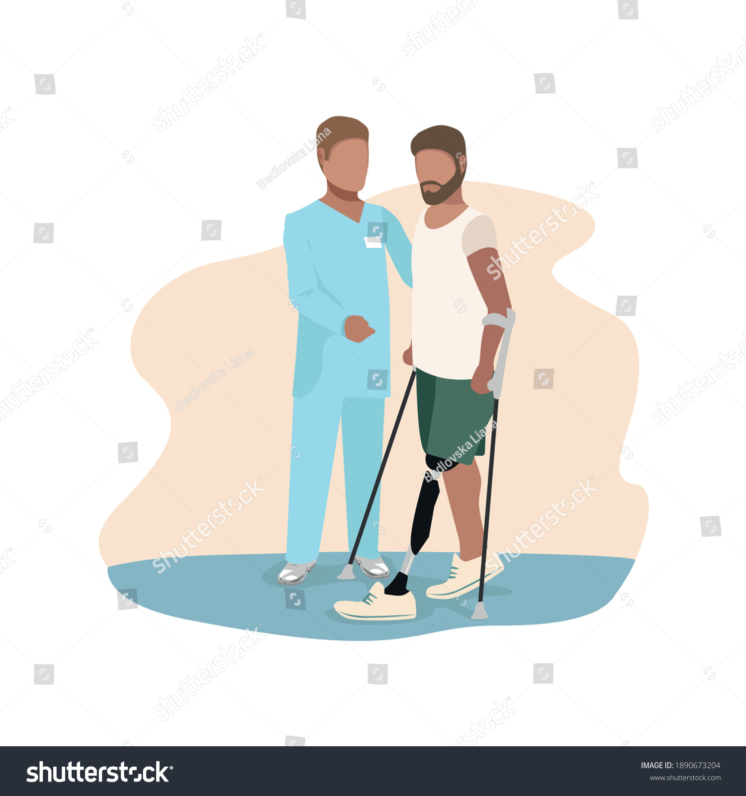 SVG of The doctor helps a man learn to walk on a prosthesis. A man is undergoing rehabilitation after leg amputation. Background vector illustration. svg