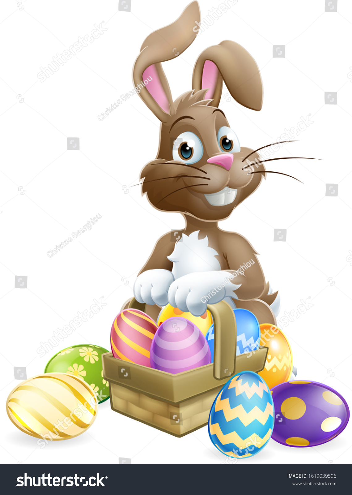 recommend clip art: The Easter Bunny with a basket hamper full of Easter eggs cartoon
