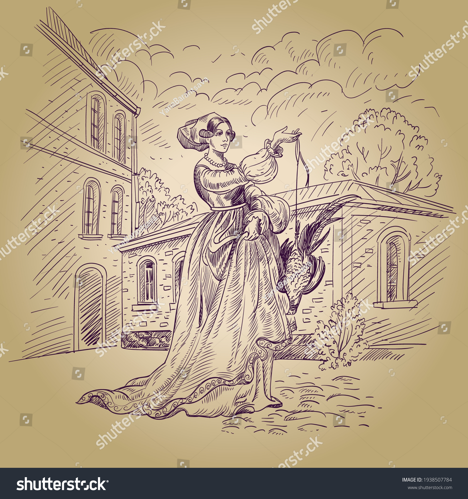 SVG of The engraving depicts a servant girl carrying a grouse bird. She is in an urban environment in traditional 18th-century clothing. Europe 18th century svg