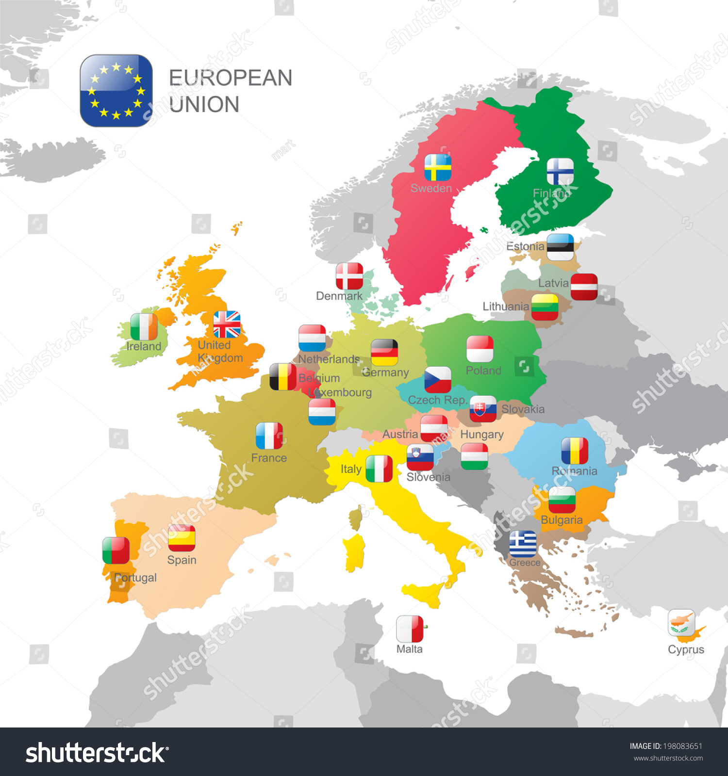 The European Union Map And Flags Stock Vector Illustration 198083651 ...