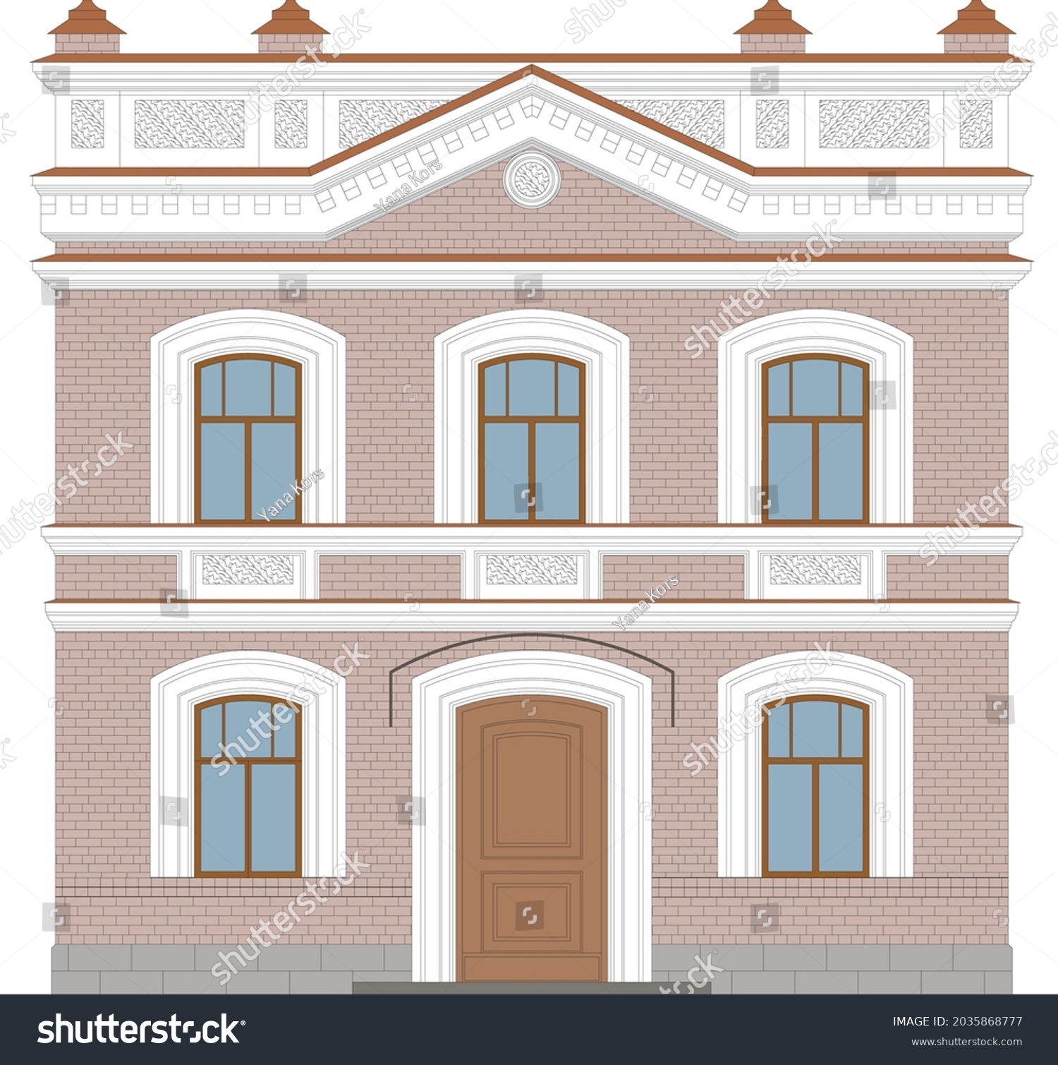 SVG of The facade of a historical building from about the 18th-19th century.Ural Federal District. Russia. A low-rise, brick building. Architectural sketch. A variant of the facade reconstruction. svg