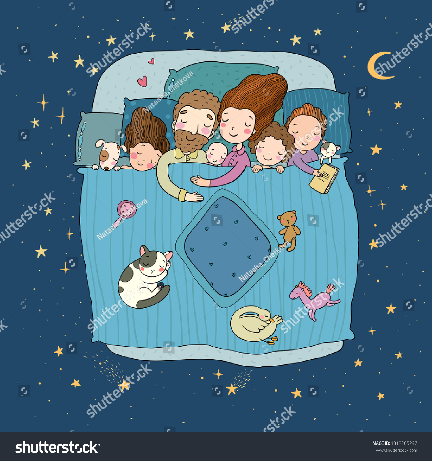 Family Sleep Bed Cartoon Mom Dad: vetor stock (livre de direitos
