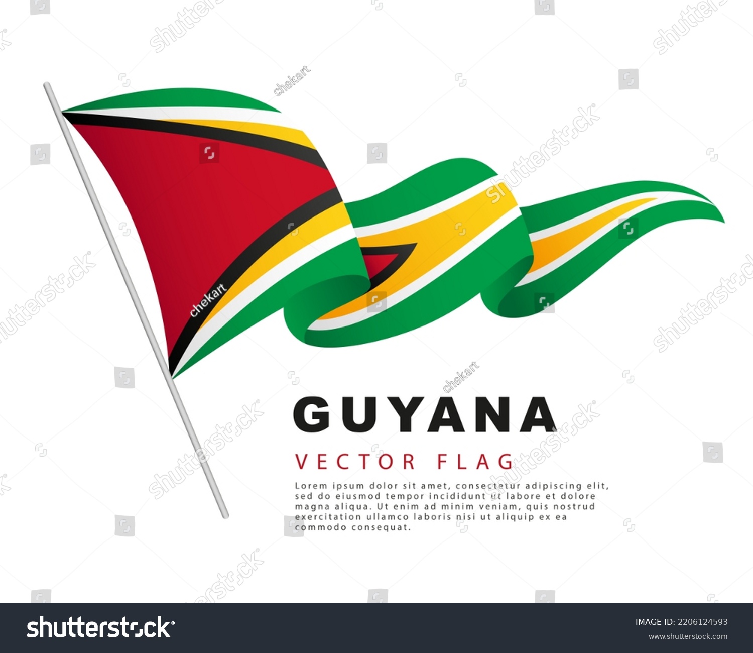 SVG of The flag of Guyana hangs on a flagpole and flutters in the wind. Vector illustration isolated on white background. Colorful Guyanese flag logo. svg