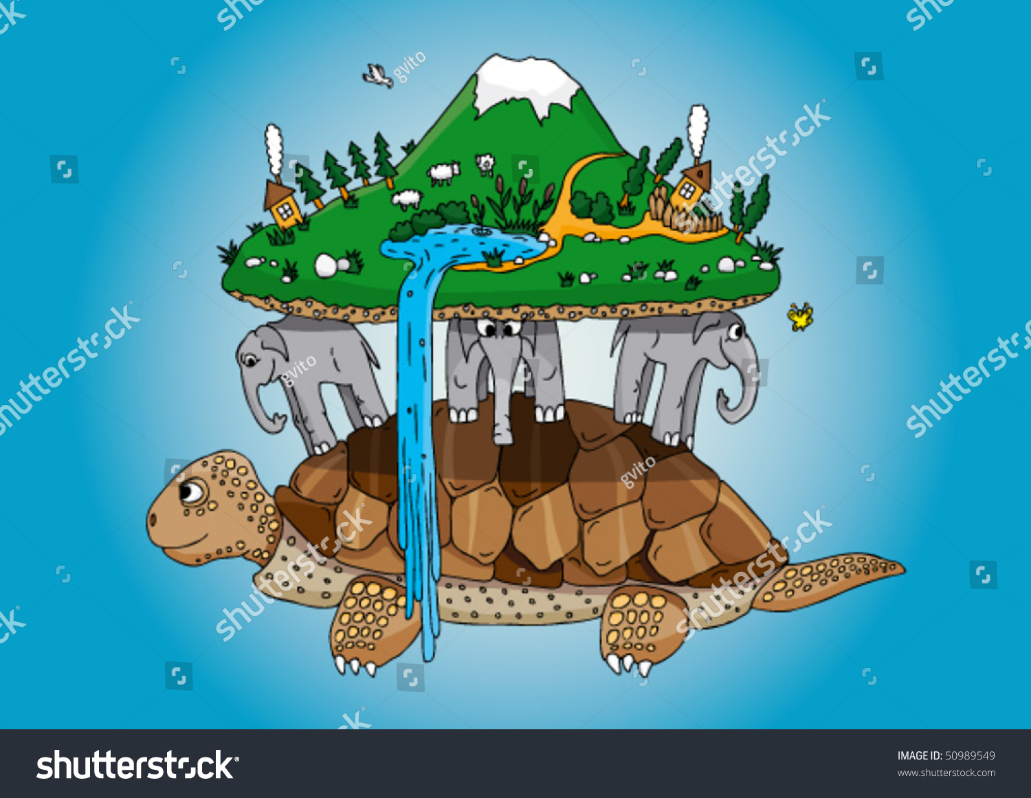 The Flat Land On The Elephants, Which Are On A Huge Turtle Stock Vector ...