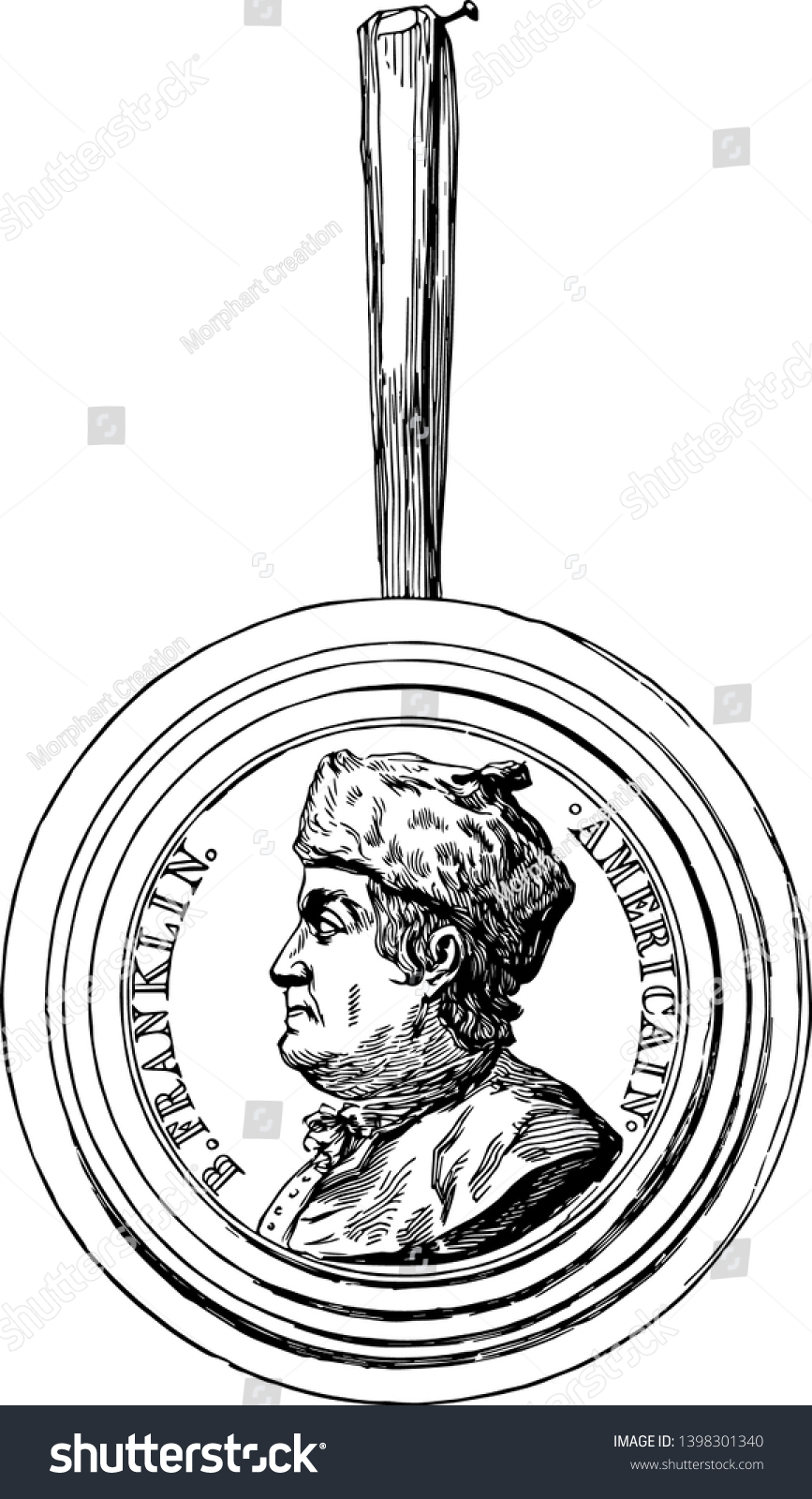 SVG of The Franklin Medallion Franklin was a celebrity in Paris even before his arrival in 1777 and medallions from the faience pottery at Chaumont vintage line drawing or engraving illustration svg