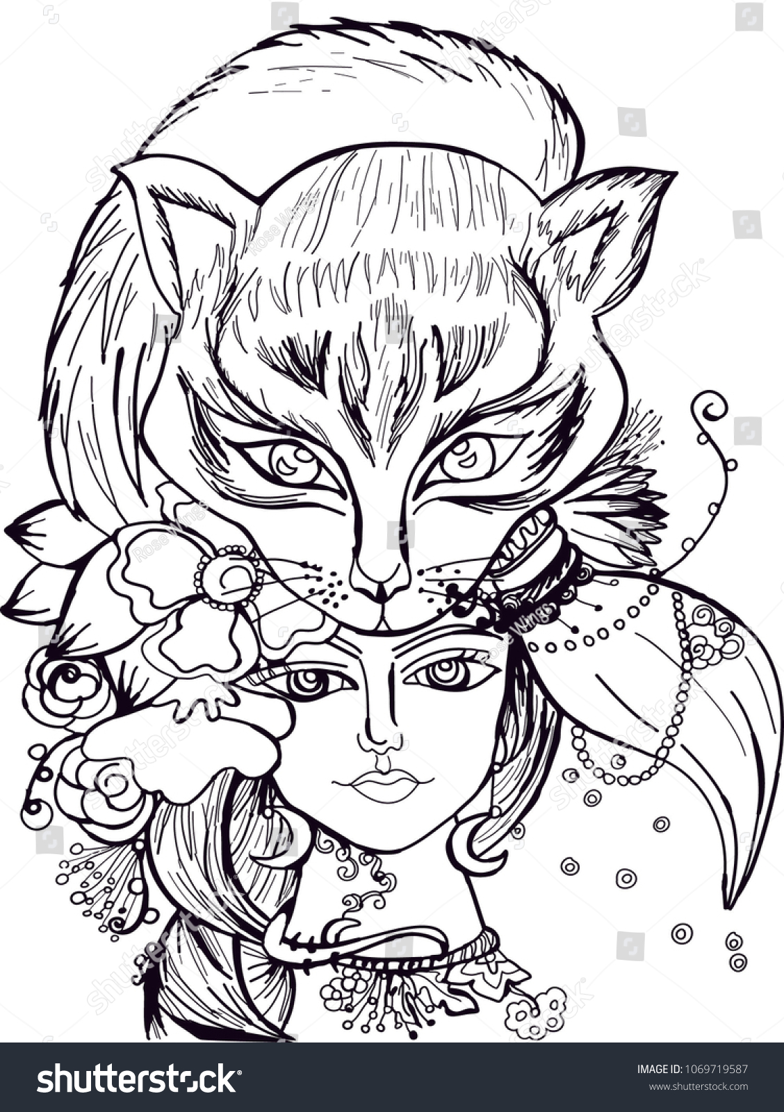 Girl Animal Flowers Illustration Coloring Pages Stock Vector ...