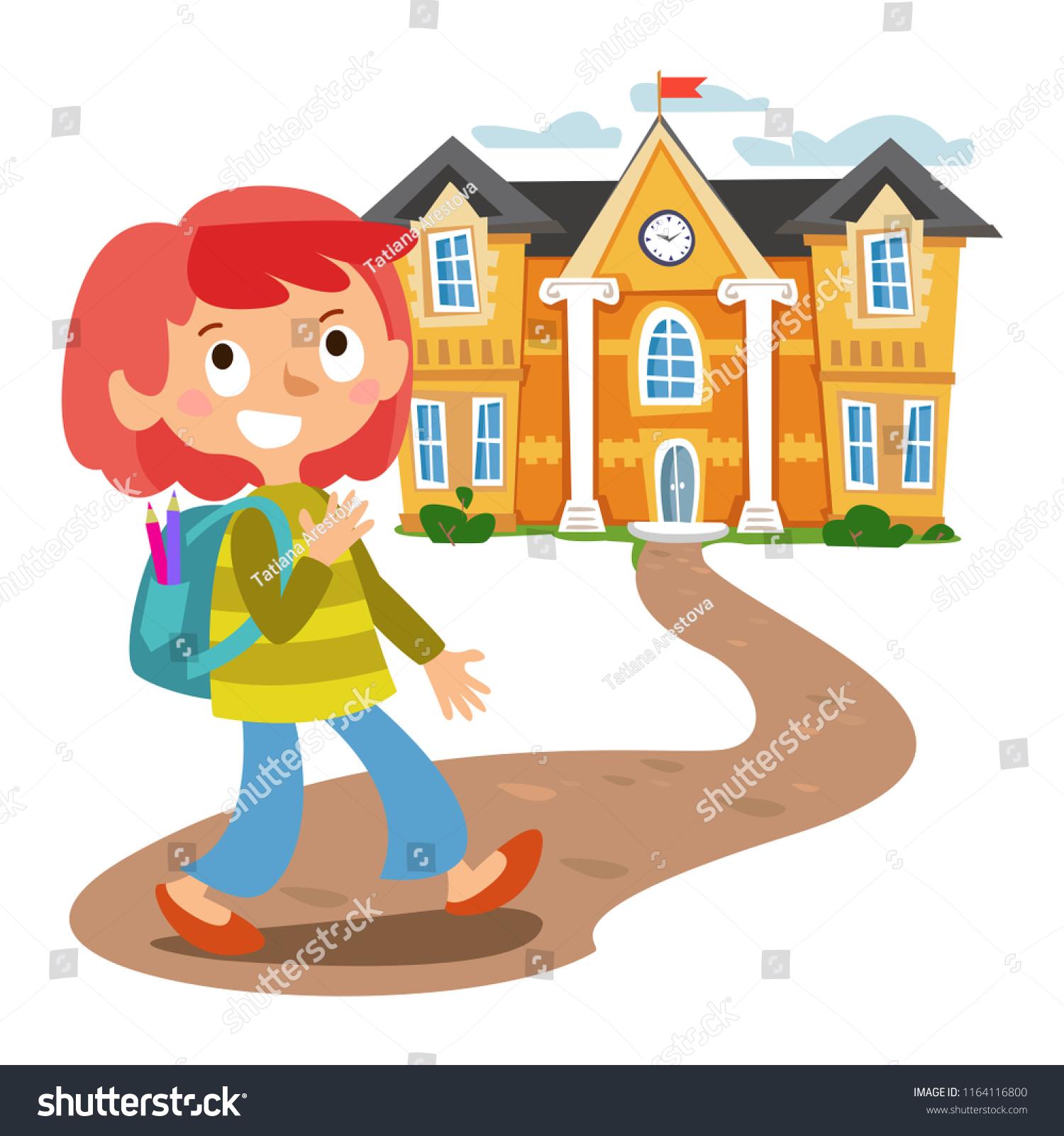 Girl Goes School Cartoon Cheerful Style Stock Vector Royalty Free