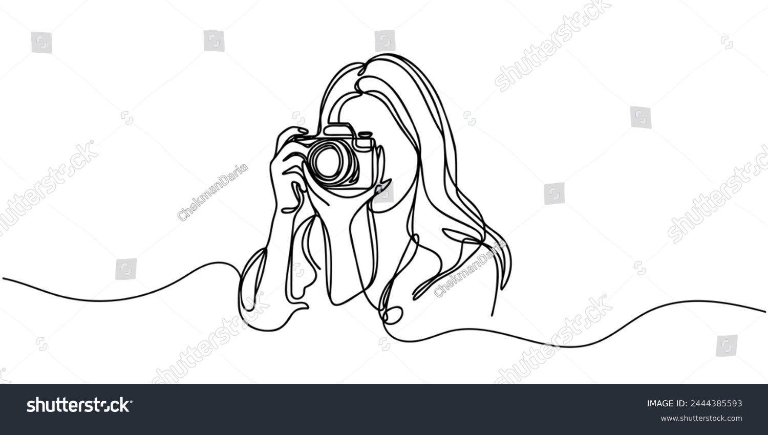recommend clip art: The girl takes pictures with the camera. One line is continuous. Vector illustration