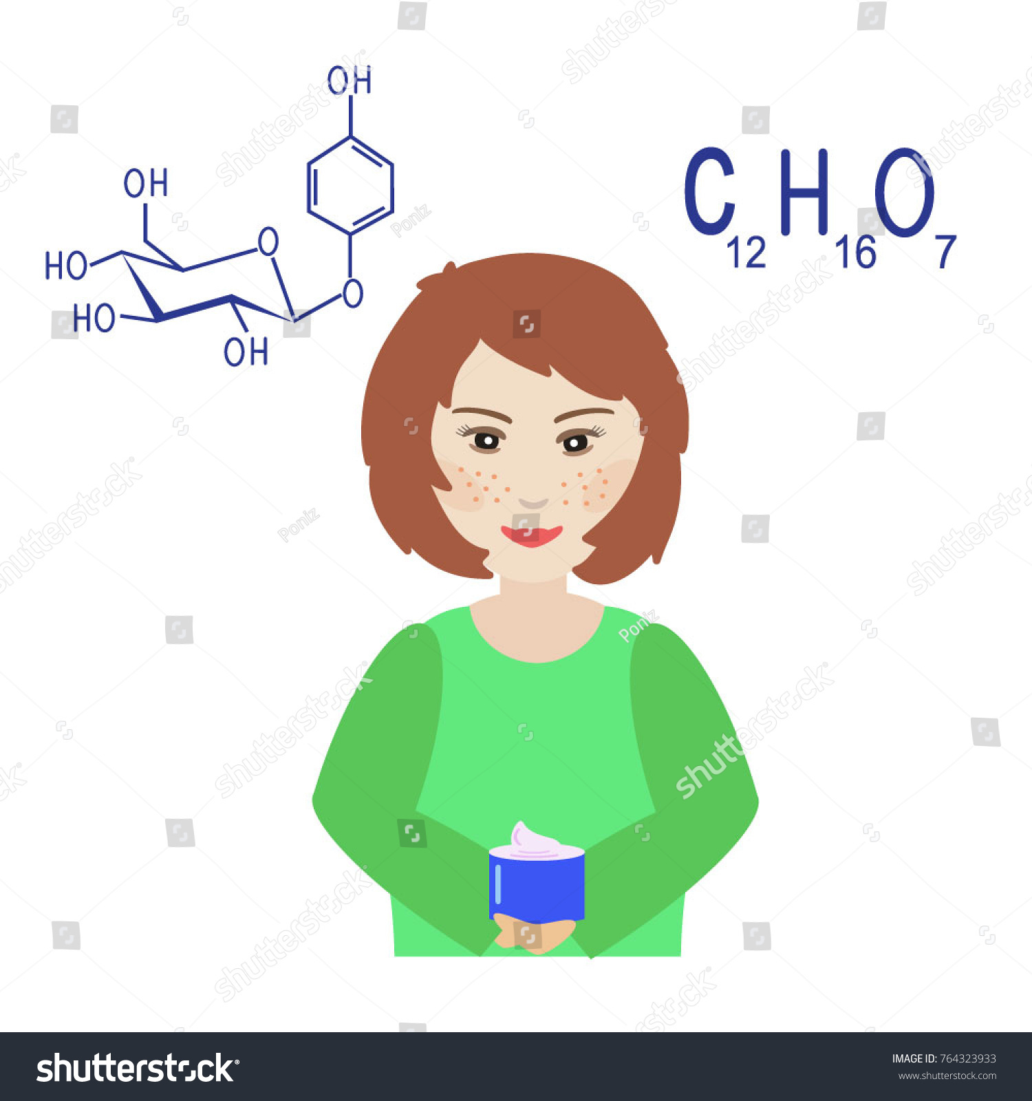 SVG of The girl with the freckles and age spots on the face holding a jar of cream with arbutin. Chemical formula and graphical scheme of arbutin. Vector isolated svg