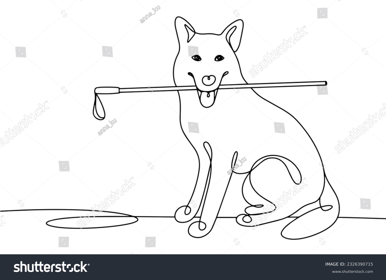 SVG of The guide dog holds a stick for the blind in his teeth. International Guide Dog Day. One line drawing for different uses. Vector illustration. svg