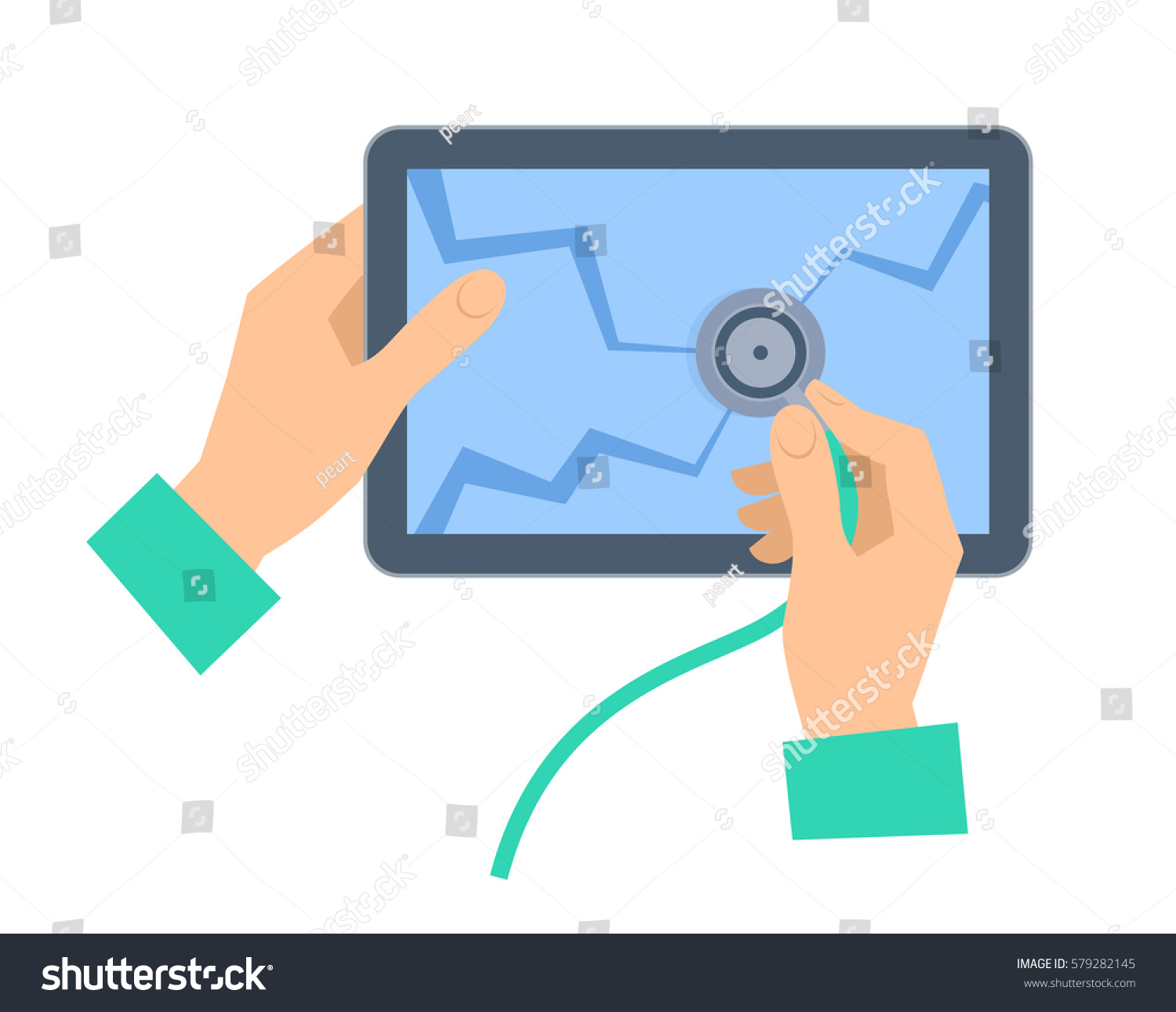 hand stethoscope examing broken tablet pc stock vector (royalty freethe hand with stethoscope examing broken tablet pc recovery, repair flat concept illustration