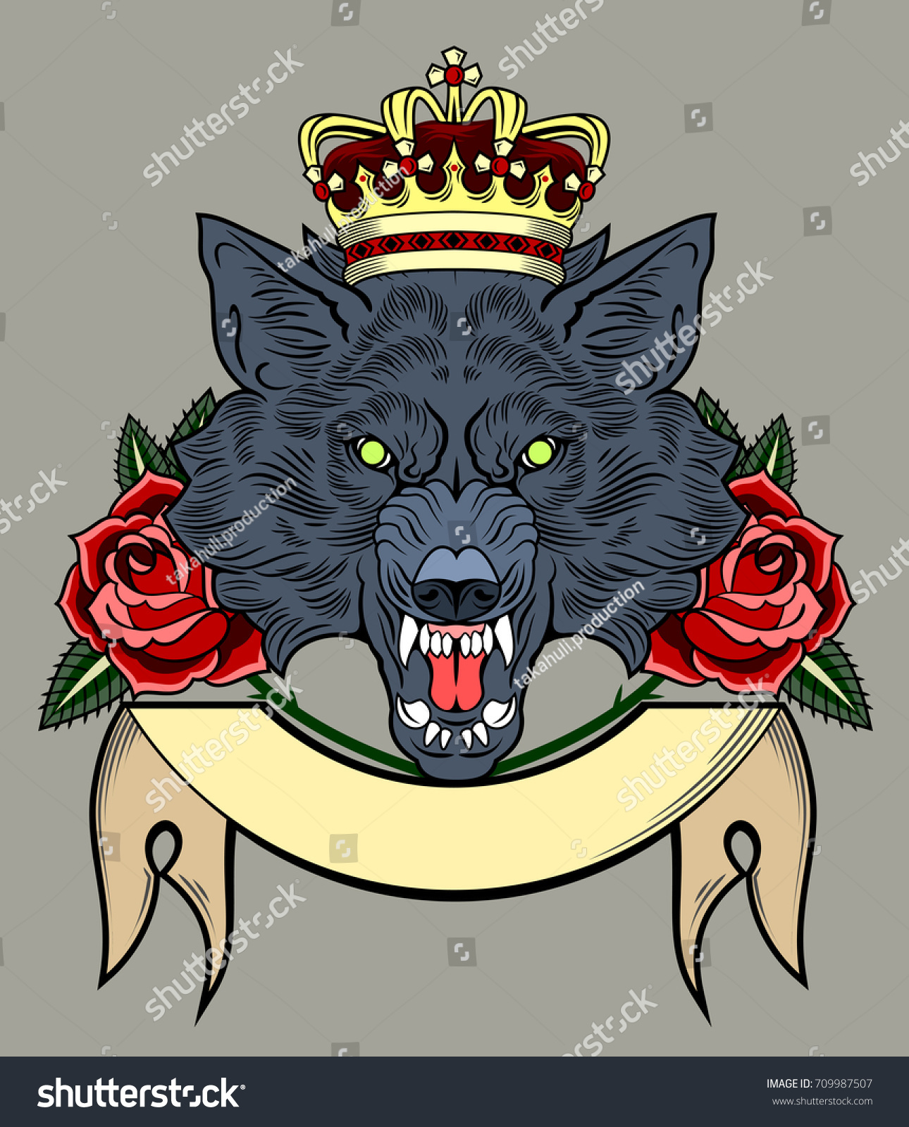 The Head Bared Ferocious Wolf With A Banner And Roses And A Crown On His Head Drawing In The Style Of Old School Tattoos