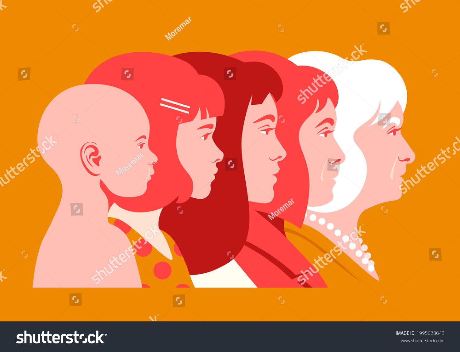SVG of The head of a woman of different ages in profile. The child and adult face side view. Childhood, youth and old age. Vector flat illustration svg