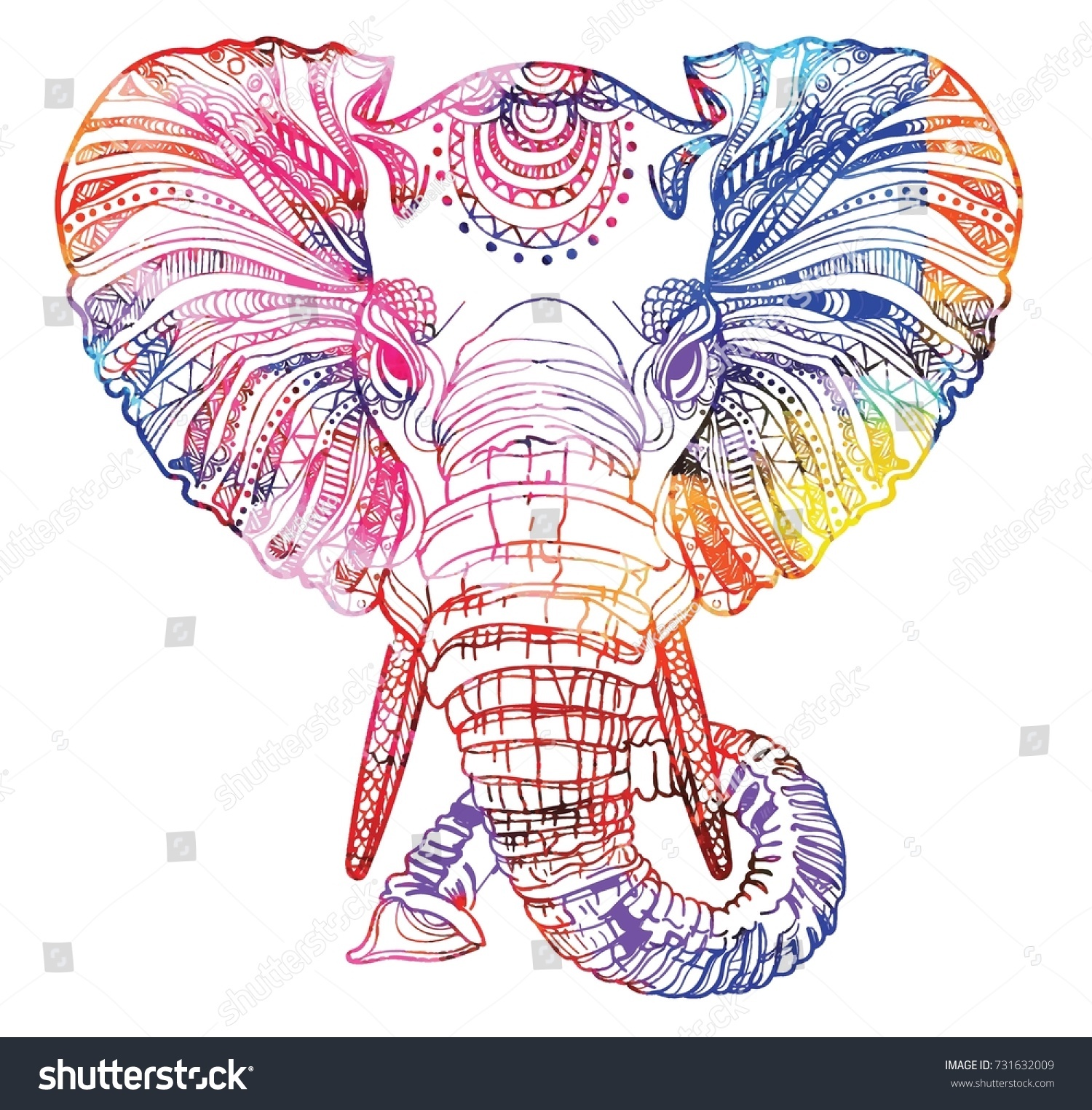 SVG of The head of an elephant. Meditation, coloring of the mandala. Large horns and long trunk. Elephants with tusks. Drawing manually, templates. Strips, points, arrows. Spots of watercolor paint, spray.  svg