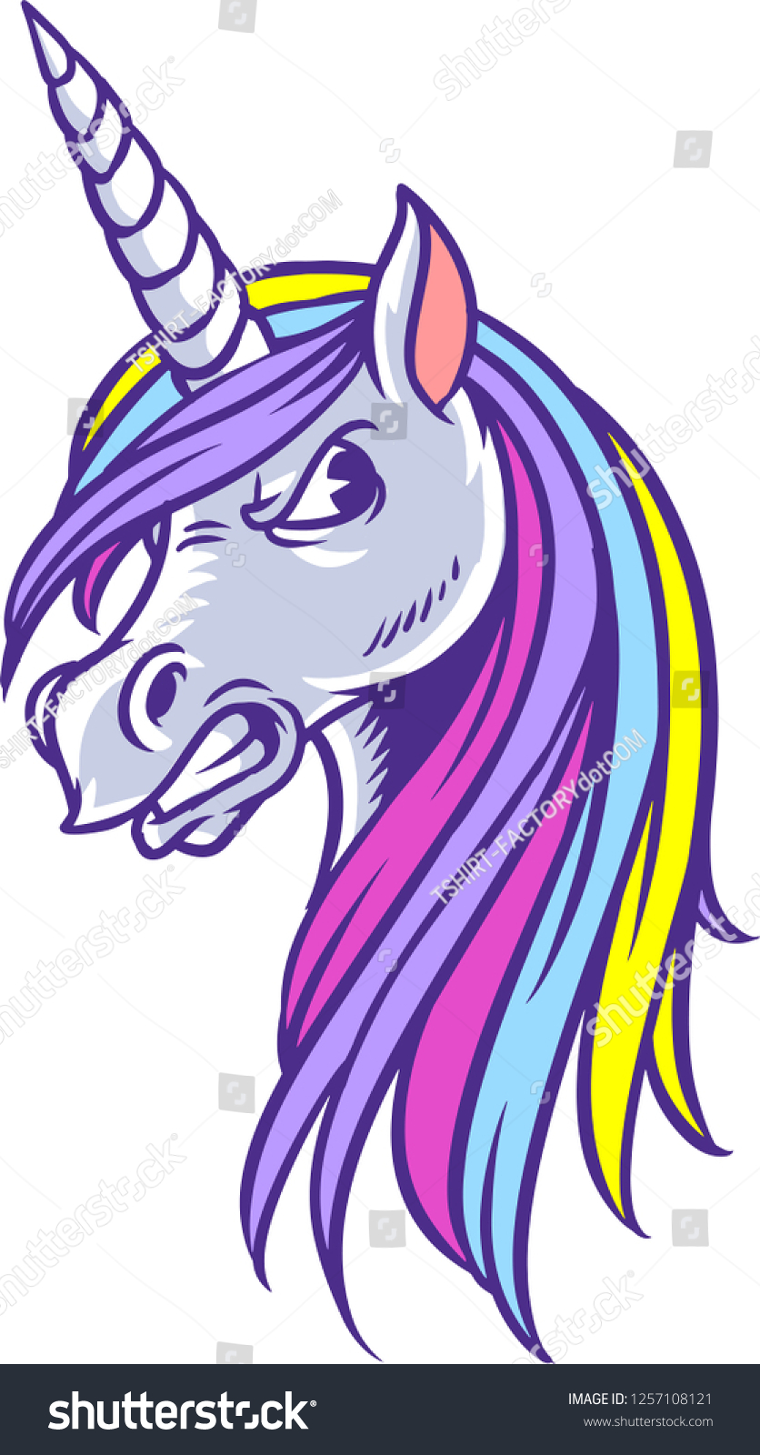 SVG of The illustration shows a beautiful but angry unicorn, that has a particularly beautiful mane.  svg